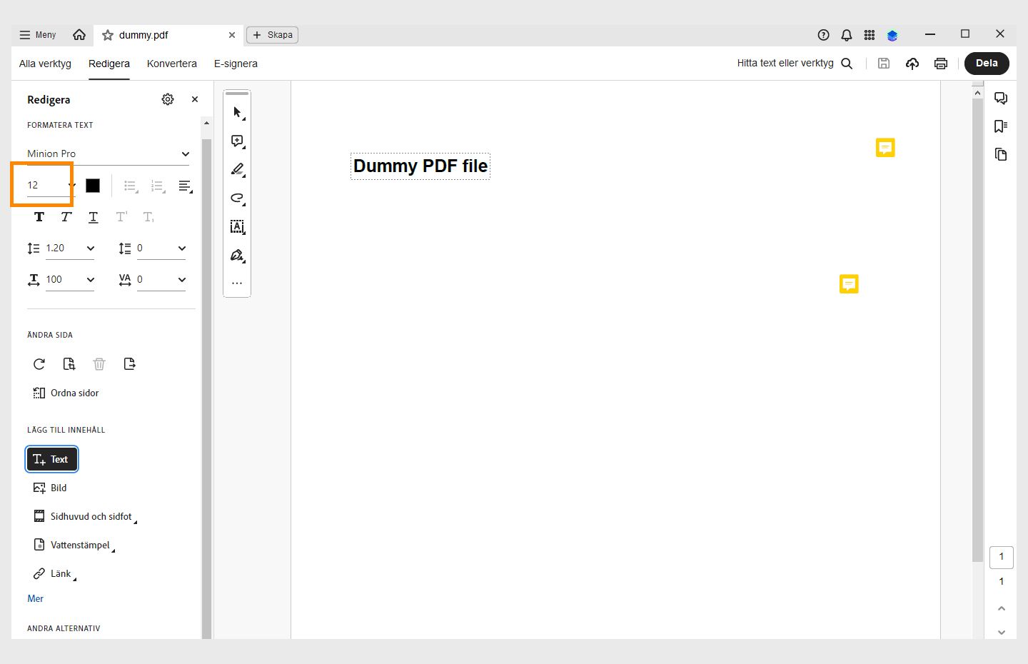 Rullgardinsmenyn för teckenstorlek är markerad i Acrobat Desktop