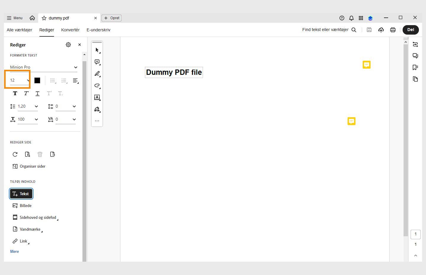 Rullemenuen Skrifttypestørrelse er fremhævet i Acrobat Desktop