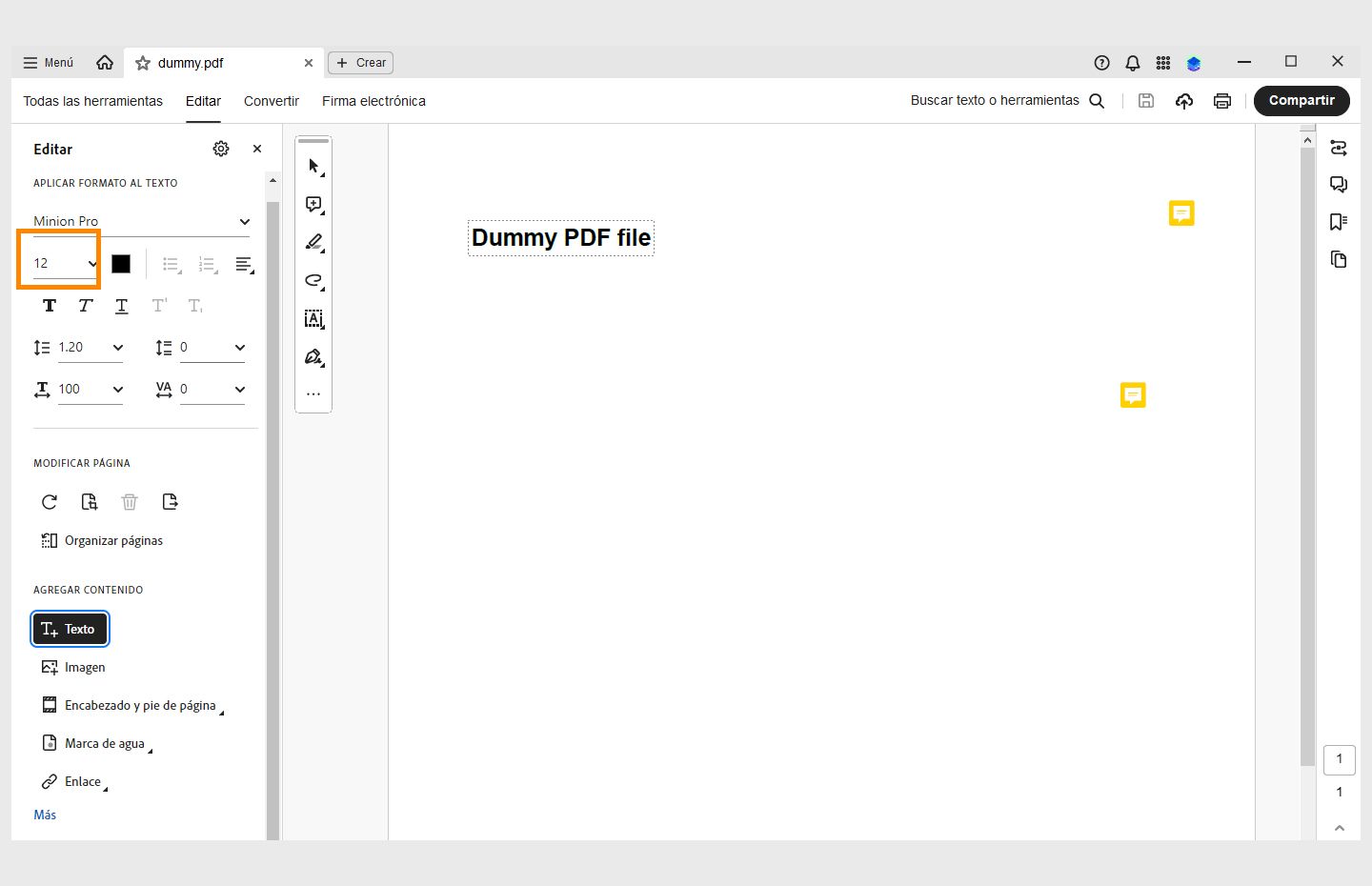 El menú desplegable de tamaño de fuente se resalta en Acrobat Desktop