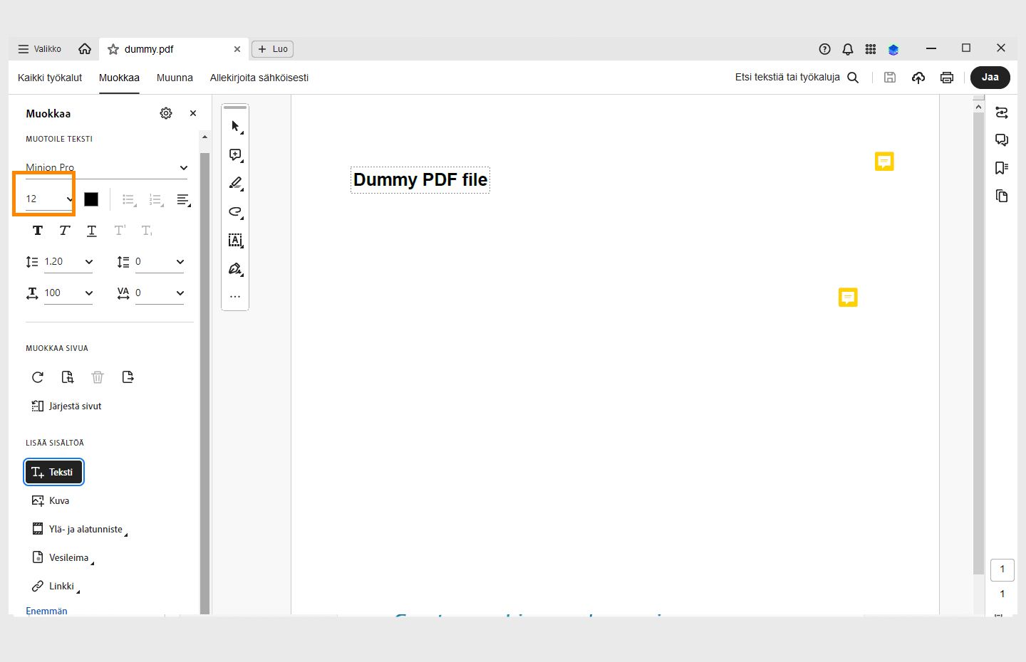 Acrobat Desktopin avautuva kirjasinkokovalikko on korostettu