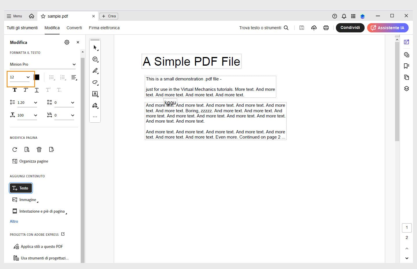 Il menu a discesa delle dimensioni dei font è evidenziato in Acrobat Desktop