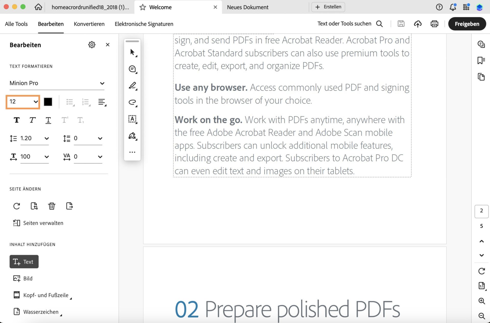 Das Dropdown-Menü „Schriftgröße“ in Acrobat Desktop ist markiert