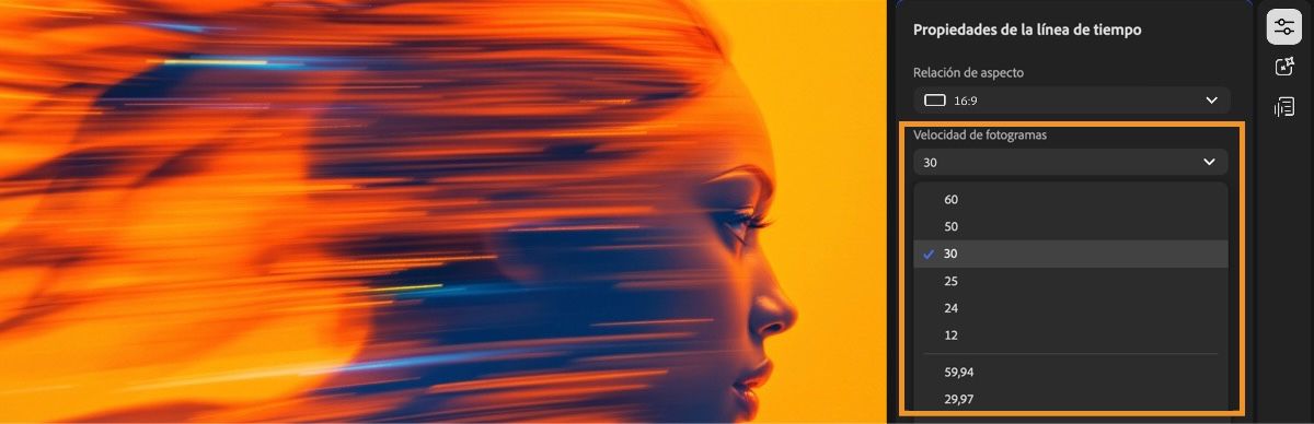 El panel Propiedades de cronología se abre y el menú desplegable Velocidad de fotogramas se expande para mostrar varias opciones de velocidad de fotogramas para elegir.