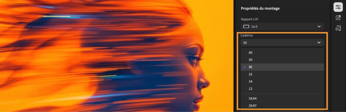 Le panneau Propriétés du montage est ouvert et le menu déroulant Cadence est développé, affichant plusieurs options de cadence disponibles.