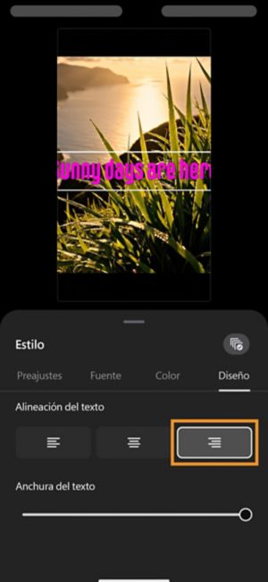Alineación de texto establecida a la derecha con el regulador de Anchura de texto al máximo, provocando que el texto se desborde fuera de la pantalla.