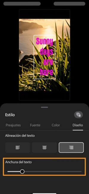 Regulador de anchura de texto reducido, ajustando el texto en cuatro líneas estrechas dentro de un cuadro de texto más alto.