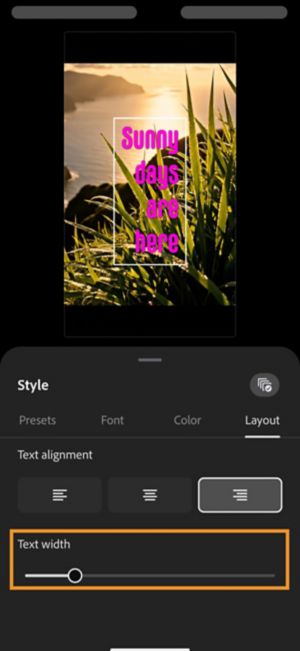 Text width slider lowered, wrapping the text into four narrow lines within a taller text box.