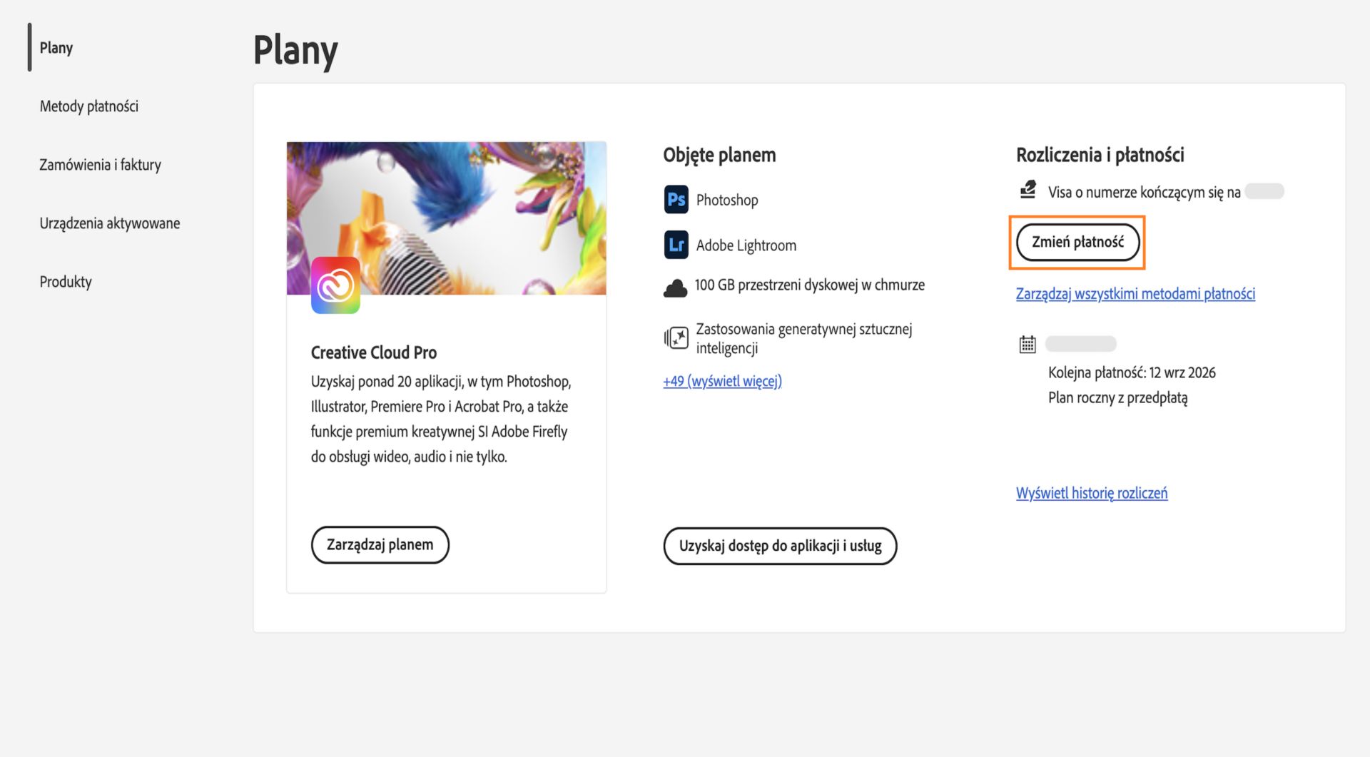Przycisk „Zmień płatność” w obszarze Rozliczenia i płatności w sekcji Twój plan umożliwia dodanie lub edycję danych płatności.