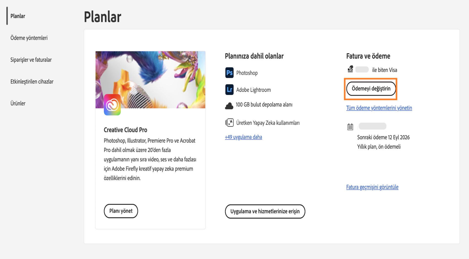 Planınız bölümündeki Faturalandırma ve ödeme altında bulunan Ödemeyi değiştir düğmesi, ödeme ayrıntılarını ekleme veya düzenleme seçeneği sunar.