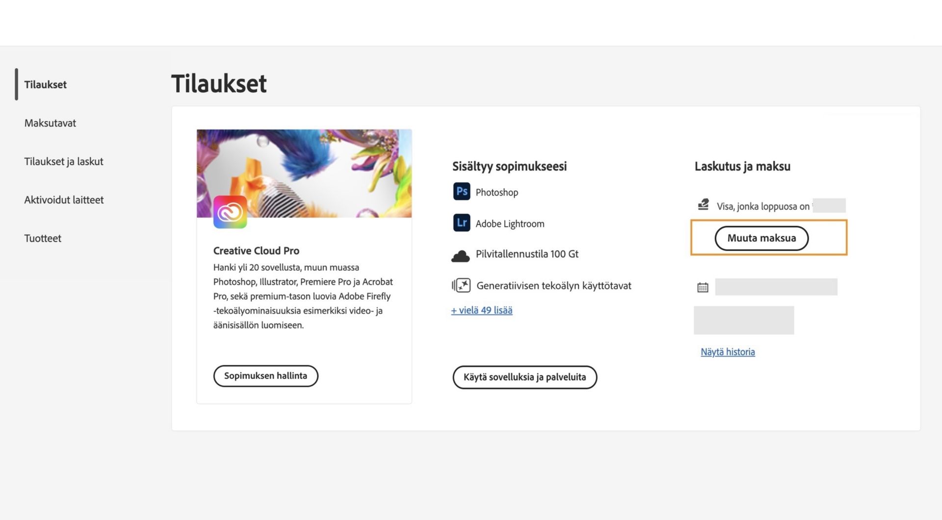Oma sopimus -osan Laskutus ja maksutiedot -kohdan Muuta maksua -painikkeella voi lisätä tai muokata maksutietoja.