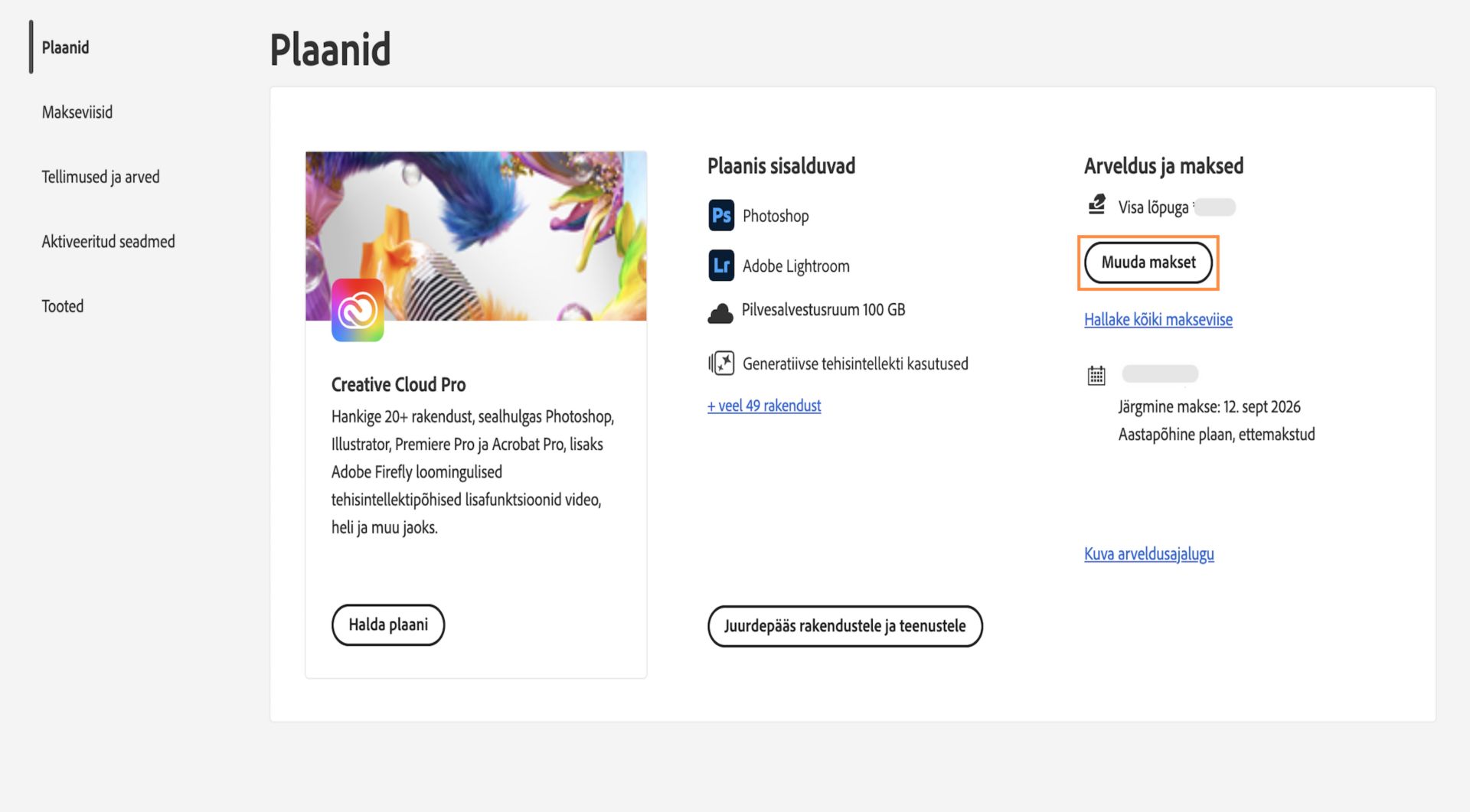 Teie plaani alamjaotises „Arveldus ja makse“ asub nupp „Muuda makset“, mis võimaldab lisada või muuta makseandmeid.
