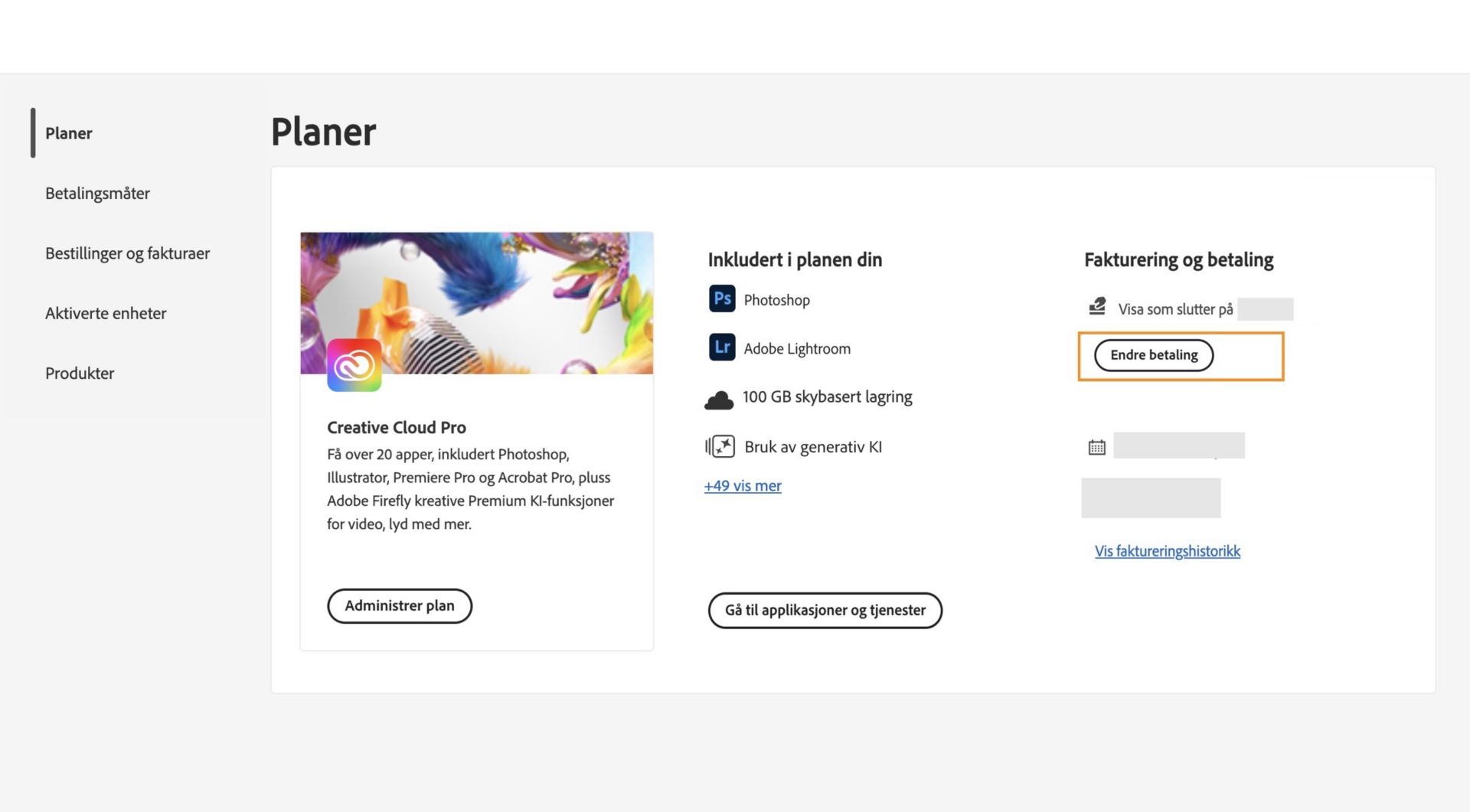 Knappen Endre betaling under Fakturering og betaling i delen Din plan gir et alternativ for å legge til eller redigere betalingsinformasjon.