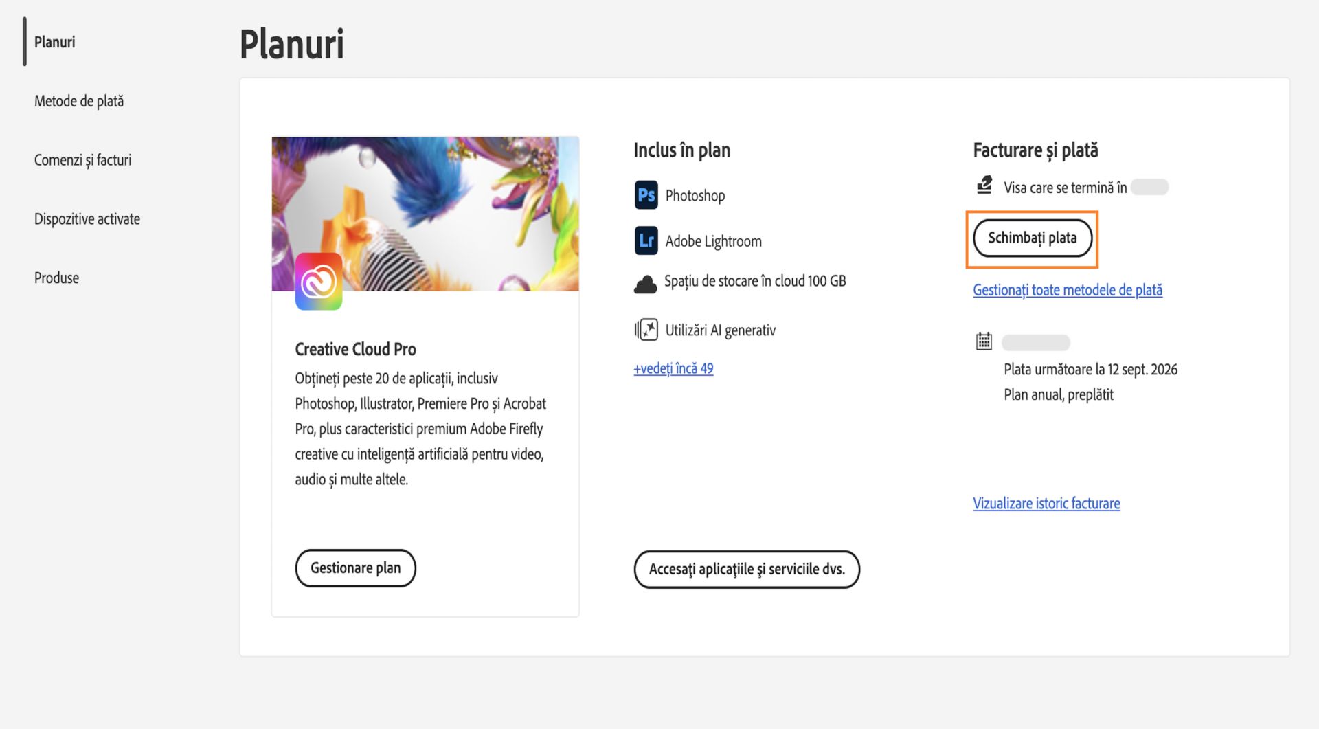 Butonul Modificare plată din Facturare și plată din secțiunea Planul dvs. oferă o opțiune de adăugare sau de editare a detaliilor de plată.