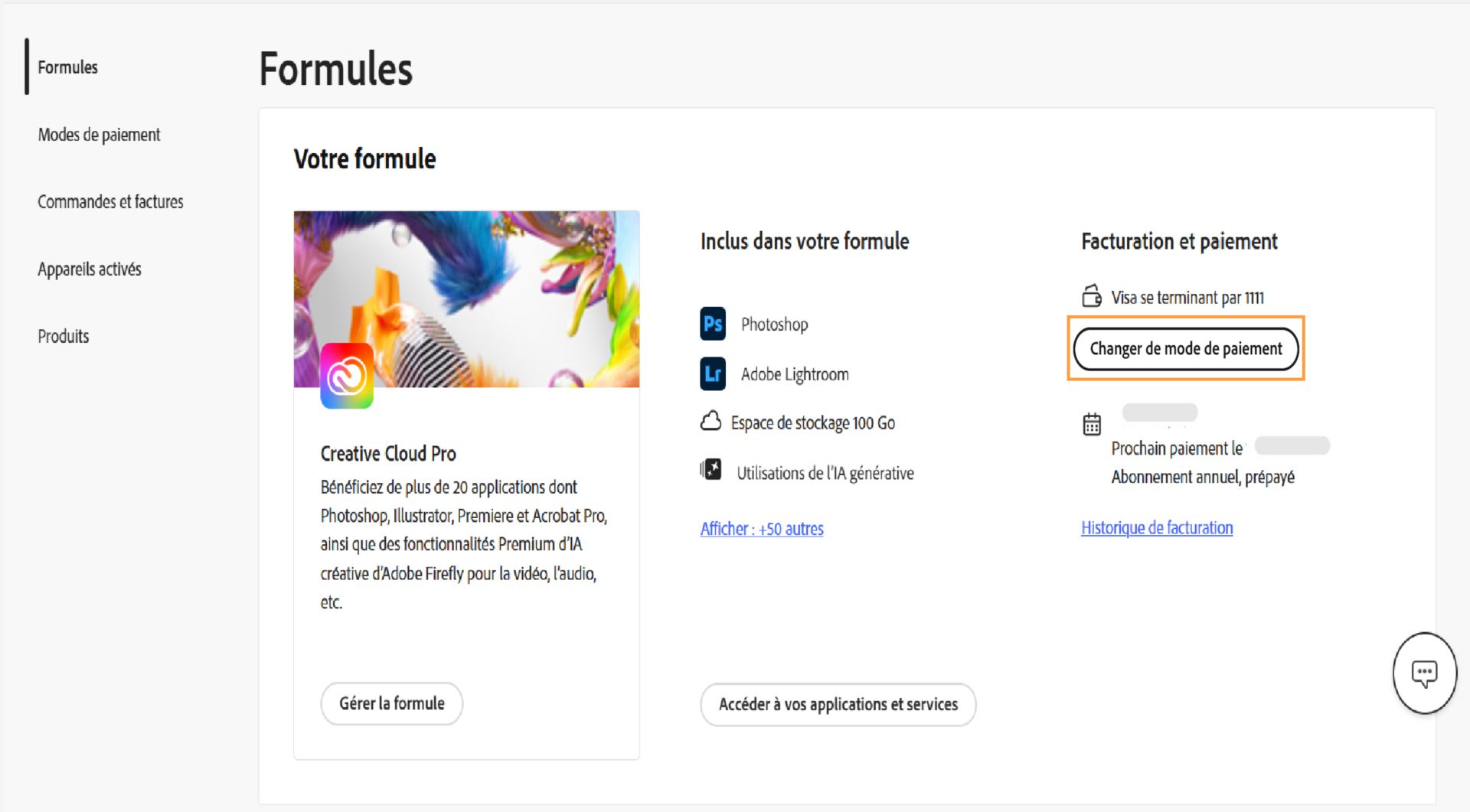 Le bouton Modifier le paiement, situé sous Facturation et paiement dans la section Votre formule, permet d’ajouter ou de modifier les informations de paiement.