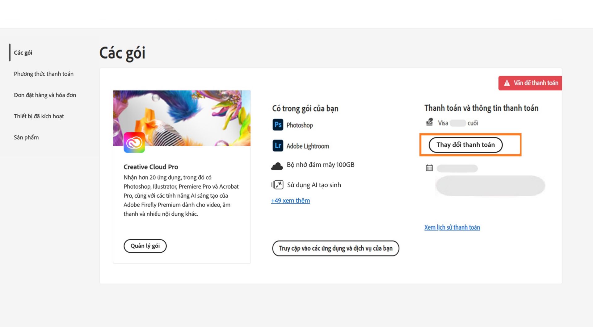 Trang Các gói trong tài khoản Adobe của bạn cho thấy bạn gặp sự cố thanh toán với phương thức thanh toán, cùng các tùy chọn để chỉnh sửa thông tin thanh toán, xem lịch sử thanh toán, truy cập ứng dụng và dịch vụ cũng như quản lý gói. 