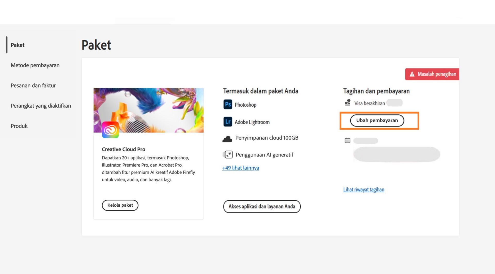 Halaman paket di akun Adobe Anda menunjukkan bahwa Anda memiliki masalah penagihan dengan metode pembayaran Anda, dengan opsi untuk mengedit penagihan dan pembayaran, menampilkan riwayat penagihan, mengakses aplikasi dan layanan, serta mengelola paket. 