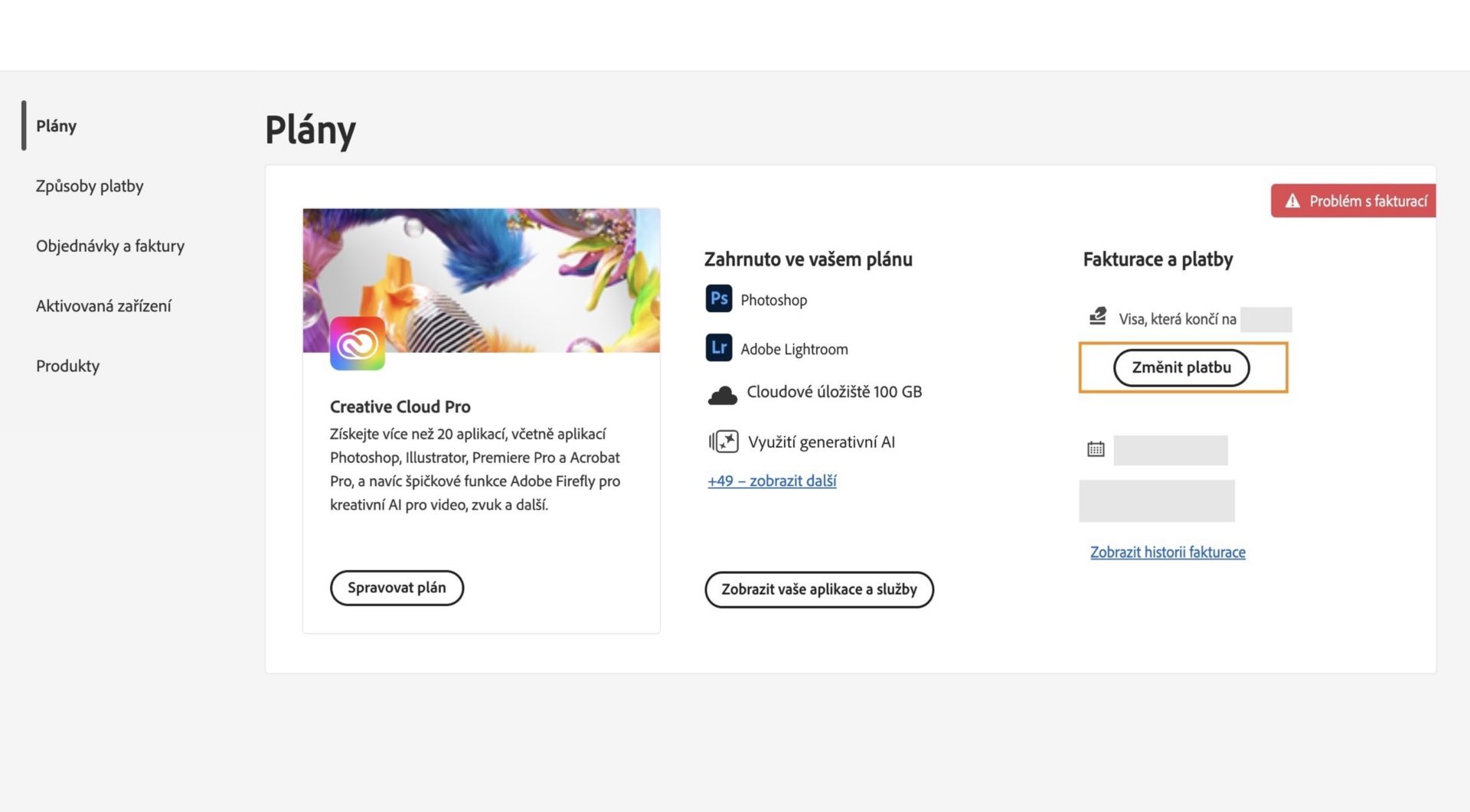 Stránka Plány v účtu Adobe ukazuje, že máte problém s fakturací ve způsobu platby, a obsahuje možnosti upravit fakturaci a platbu, zobrazit historii fakturace, přistupovat k aplikacím a službám a spravovat plán. 