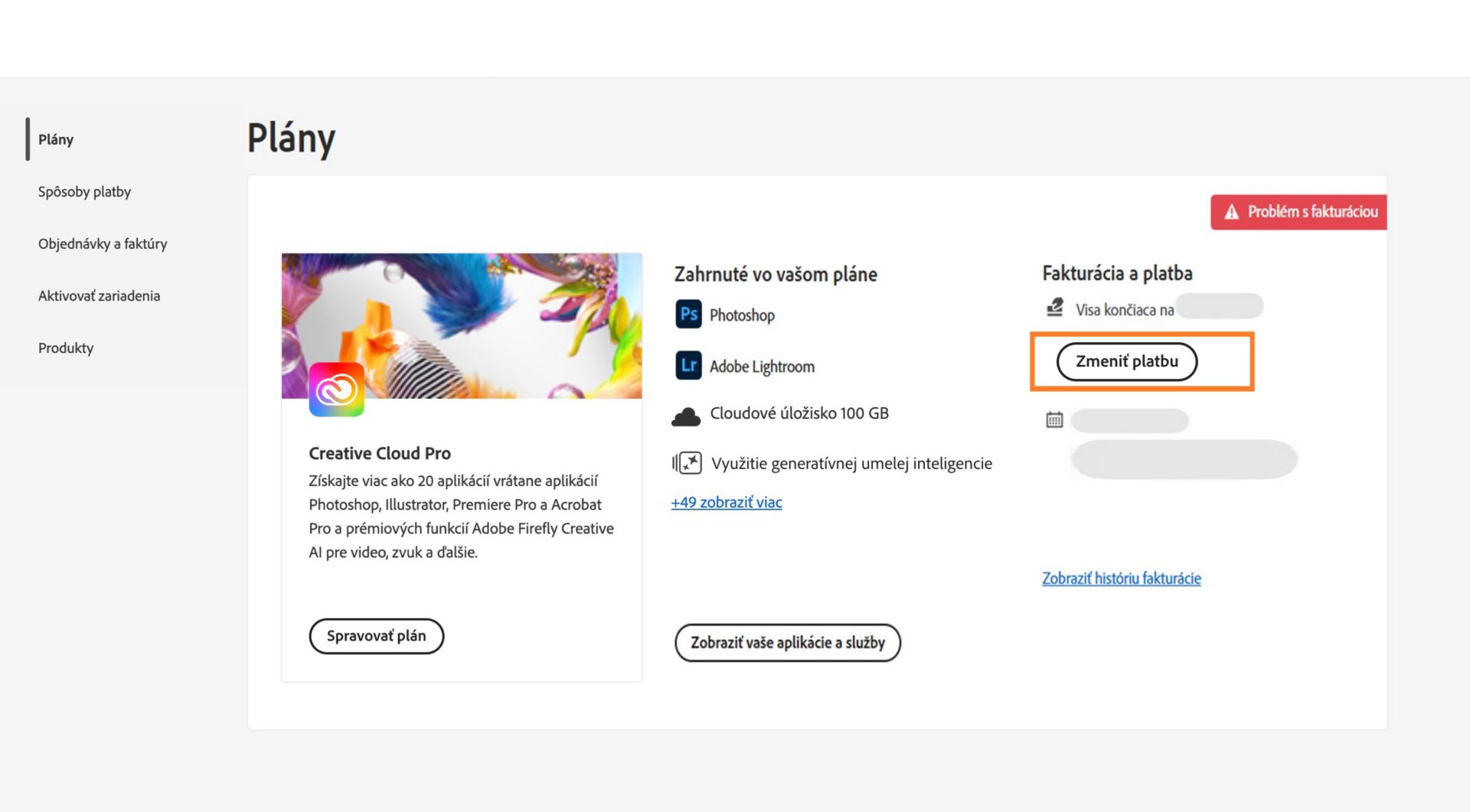 Na stránke Plány v účte Adobe sa zobrazí informácia o probléme s fakturáciou pri spôsobe platby s možnosťami úpravy fakturácie a platby, zobrazenia histórie fakturácie, prístupu k aplikáciám a službám a správy plánu. 