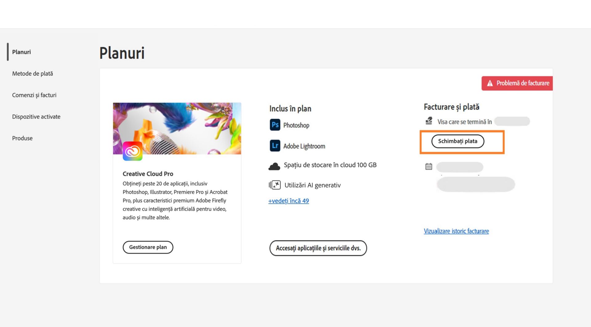 Pagina Planuri din contul dvs. Adobe arată că aveți o problemă de facturare legată de metoda dvs. de plată, cu opțiuni pentru a edita facturarea și plata, vizualiza istoricul de facturare, accesa aplicații și servicii și gestiona planul. 