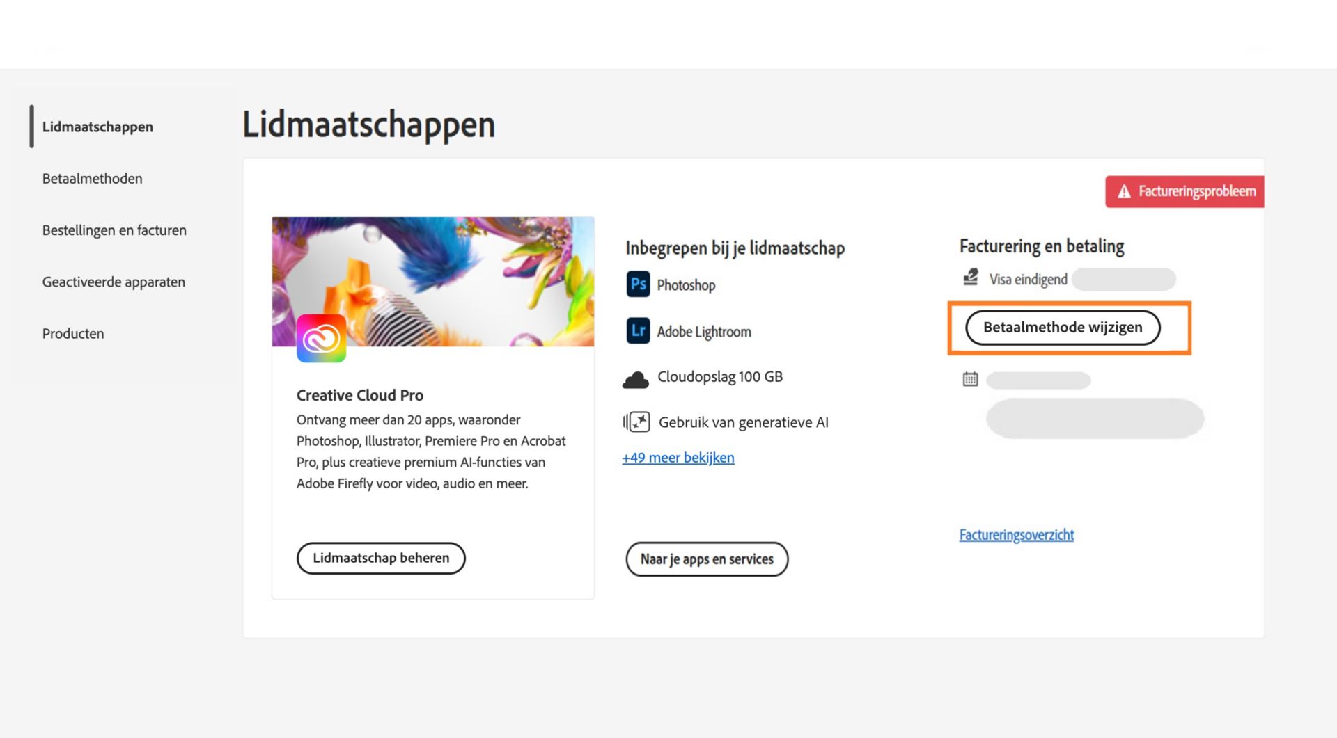 De pagina Lidmaatschappen in je Adobe-account geeft aan dat er een factureringsprobleem is met je betaalmethode, met opties voor het bewerken van facturering en betaling, het bekijken van de factureringsgeschiedenis, het openen van apps en services en het beheren van het lidmaatschap. 