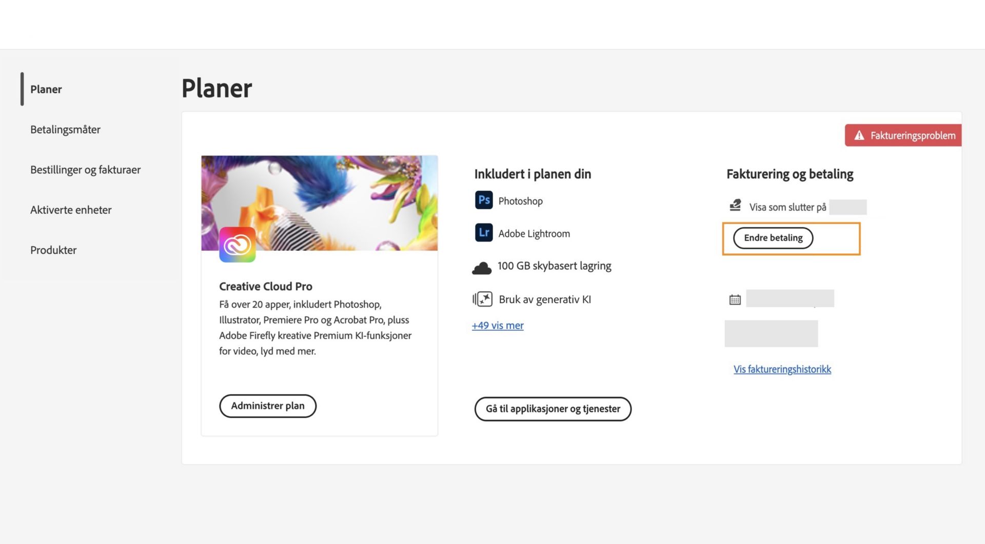 Planer-siden i Adobe-kontoen din viser at du har et faktureringsproblem med betalingsmåten din, med alternativer for å redigere fakturering og betaling, se faktureringshistorikk, få tilgang til applikasjoner og tjenester og administrere plan. 