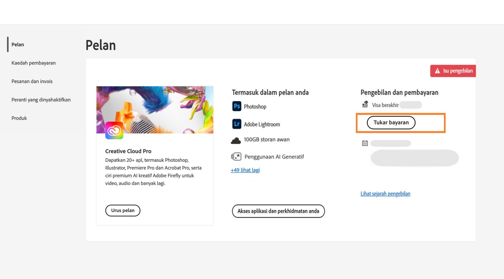 Halaman Pelan pada akaun Adobe anda menunjukkan bahawa anda mempunyai masalah pengebilan dengan kaedah pembayaran anda, dengan pilihan untuk mengedit pengebilan dan pembayaran, melihat sejarah pengebilan, mengakses aplikasi dan perkhidmatan serta mengurus pelan. 