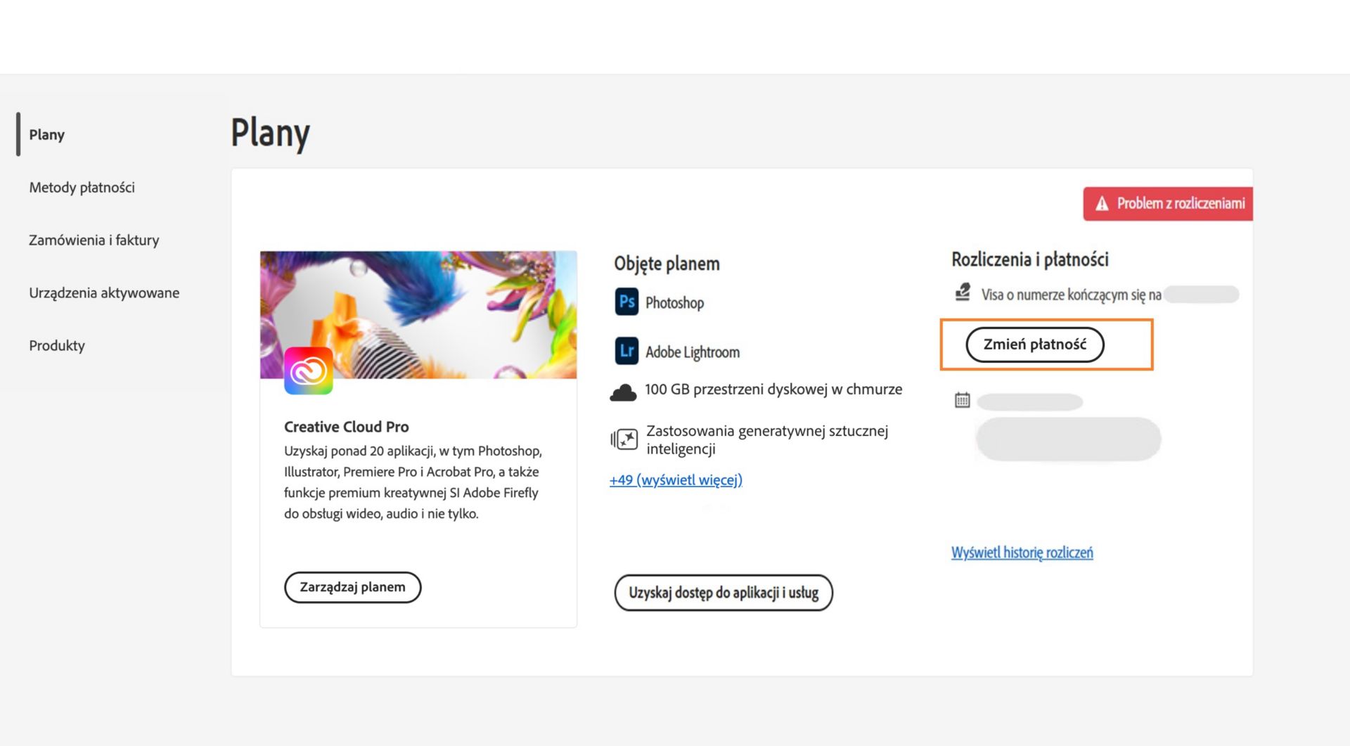 Strona Plany na koncie Adobe wskazuje na problem z rozliczeniami za pomocą wybranej metody płatności. Dostępne są następujące opcje: edycja rozliczeń i płatności, wyświetlanie historii rozliczeń, dostęp do aplikacji i usług oraz zarządzanie planem. 