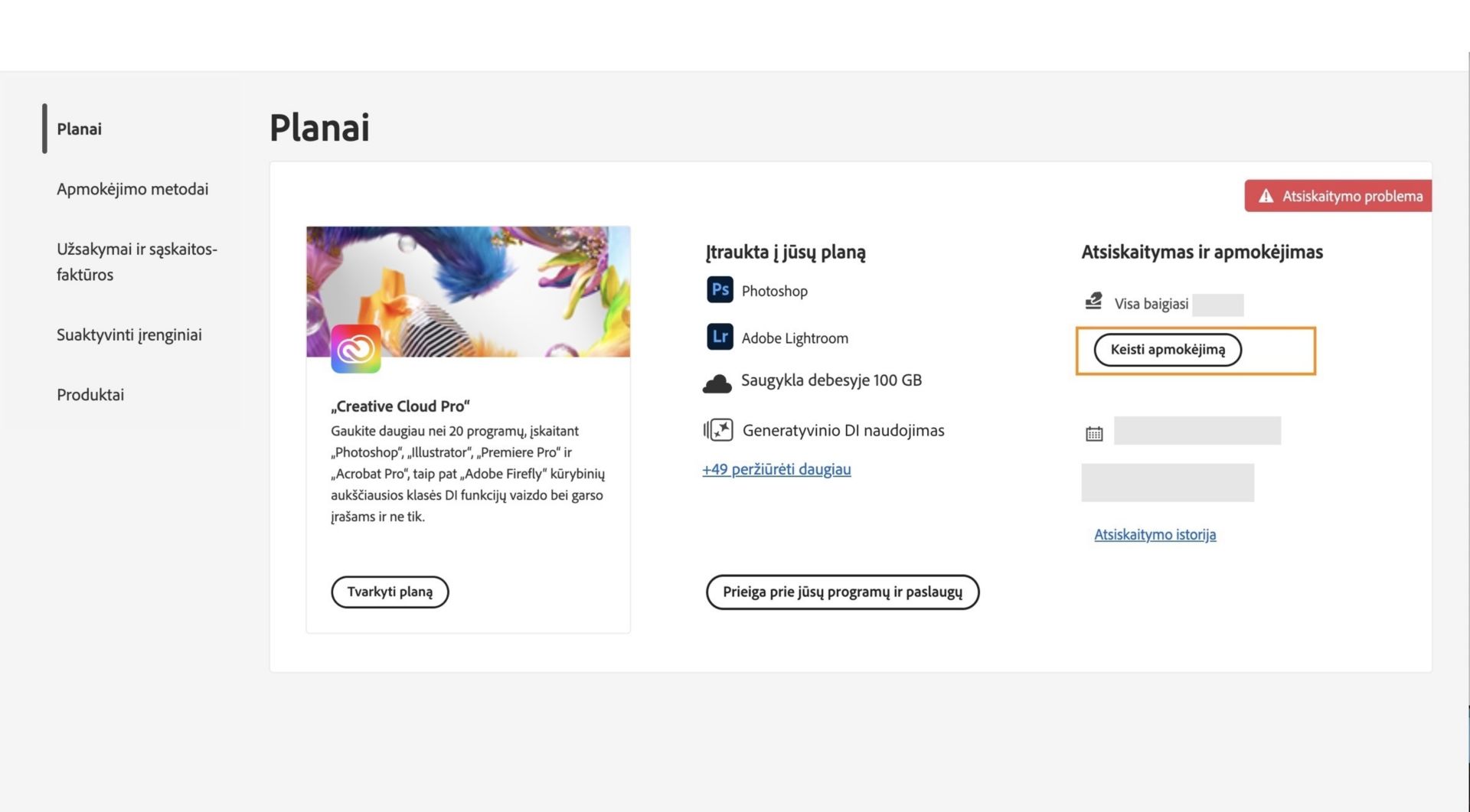 „Adobe“ paskyros planų puslapyje rodoma, kad yra su jūsų mokėjimo būdu susijusi atsiskaitymo problema, ir pateikiamos parinktys redaguoti atsiskaitymą ir mokėjimą, peržiūrėti atsiskaitymų istoriją, pasiekti programas ir paslaugas bei valdyti planą. 