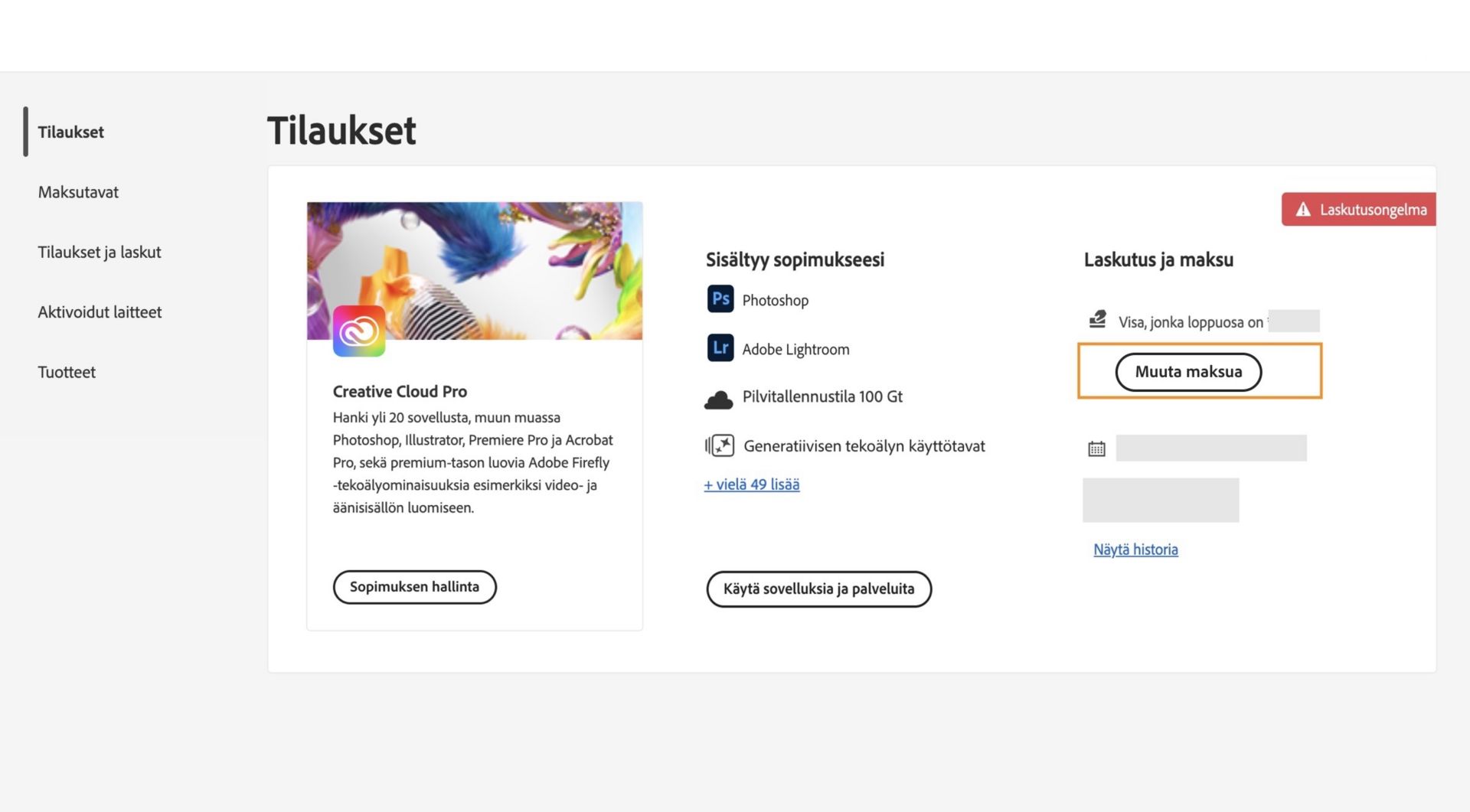 Adobe-tilisi Sopimukset-sivulla näkyy, että sinulla on maksutapaan liittyvä laskutusongelma. Voit muokata laskutusta ja maksua, tarkastella laskutushistoriaa, käyttää sovelluksia ja palveluita sekä hallita sopimustasi. 