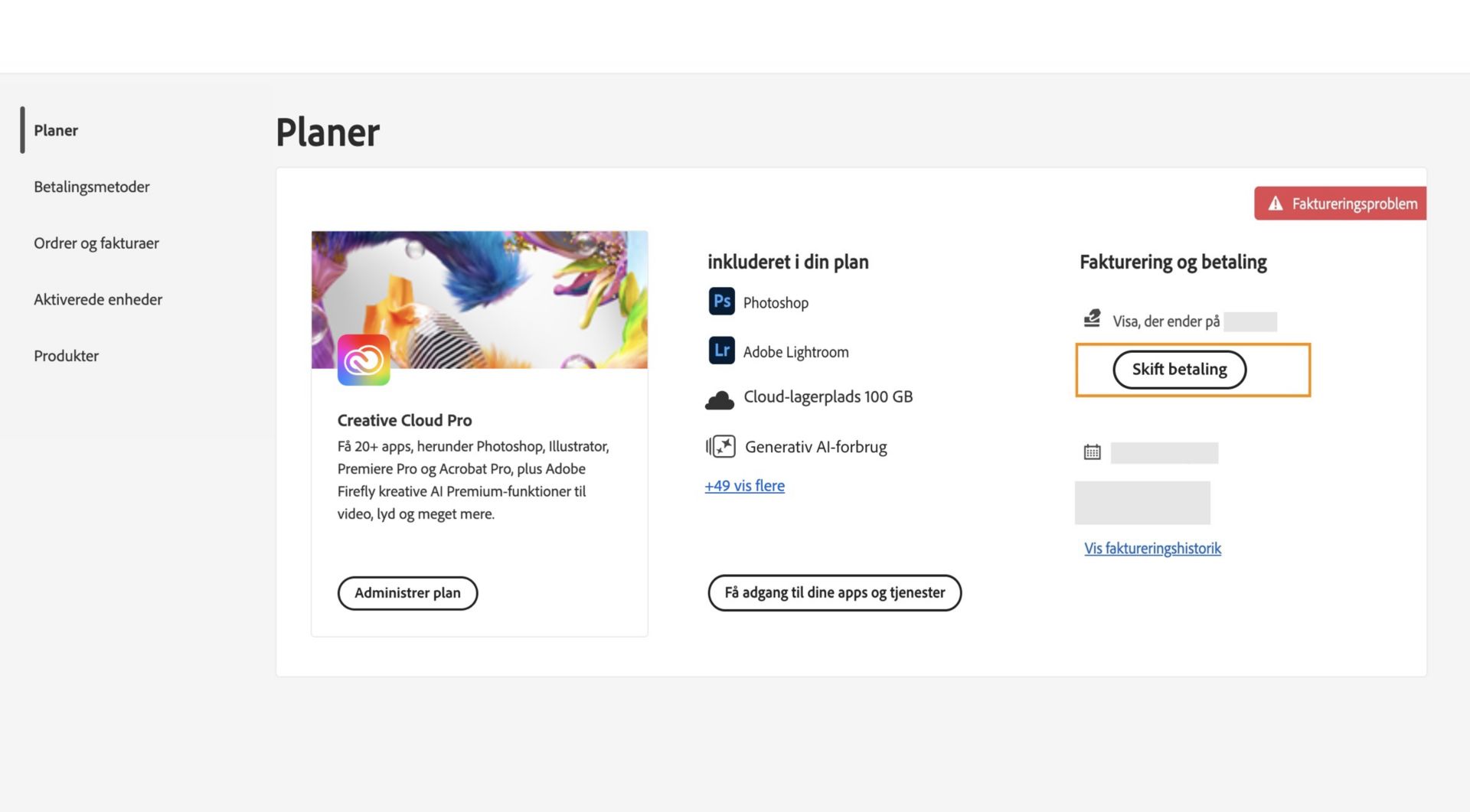 Siden Planer på din Adobe-konto viser, at du har et faktureringsproblem med din betalingsmetode med muligheder for at redigere fakturering og betaling, se faktureringshistorik, få adgang til apps og tjenester og administrere plan. 