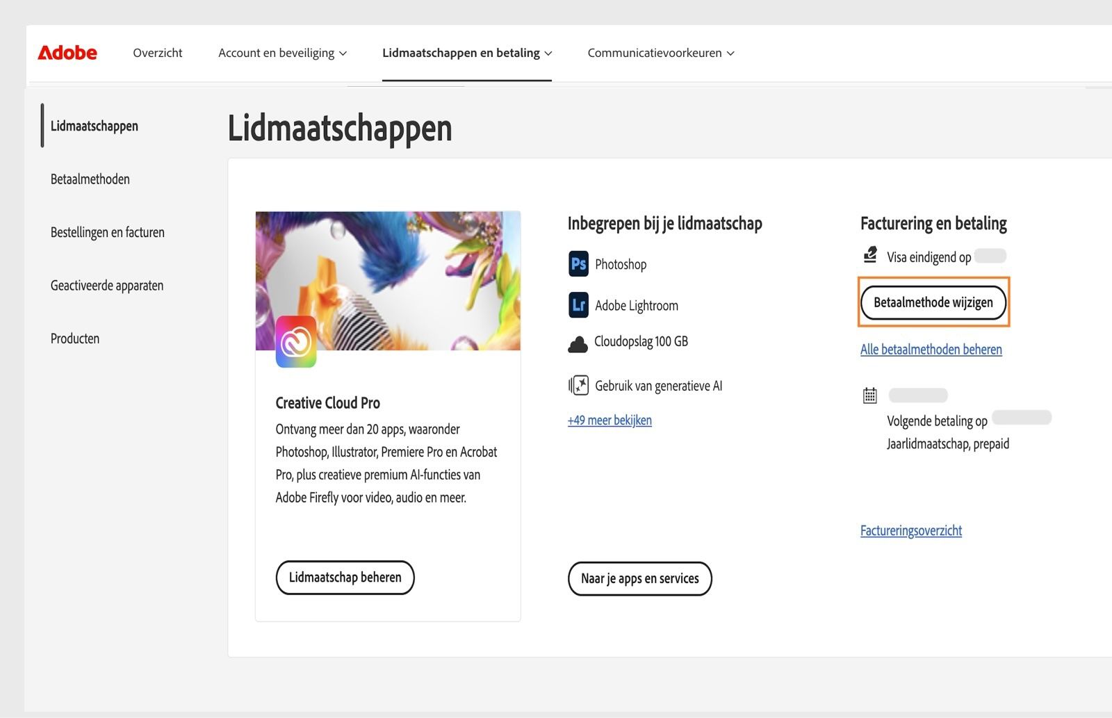 De knop Betaling wijzigen onder Facturering en betaling in het gedeelte Je lidmaatschap biedt een optie om betalingsgegevens toe te voegen of te bewerken.