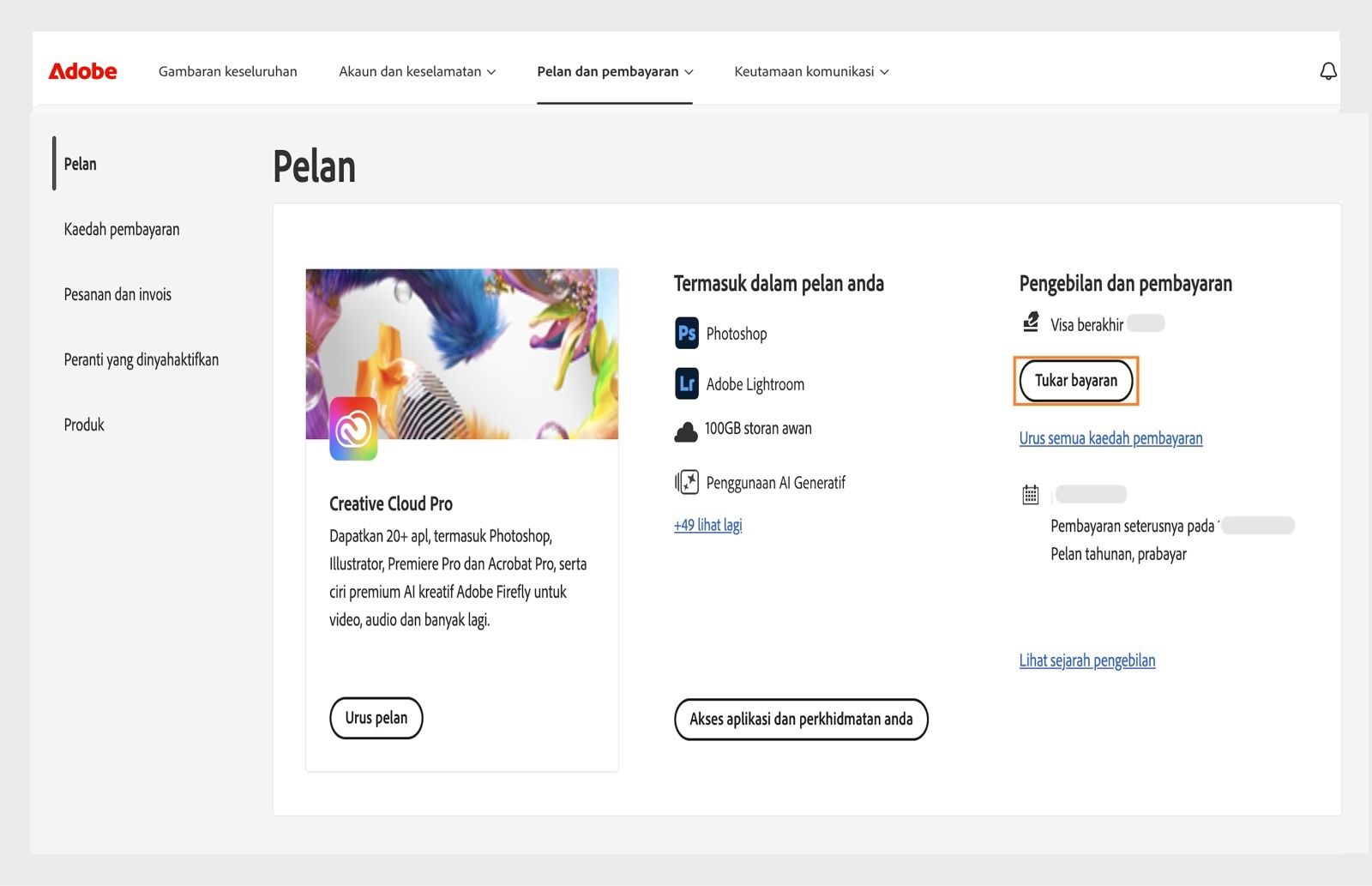 Butang Tukar pembayaran di bawah Pengebilan dan pembayaran dalam bahagian Pelan anda menyediakan pilihan untuk menambahkan atau mengedit butiran pembayaran.