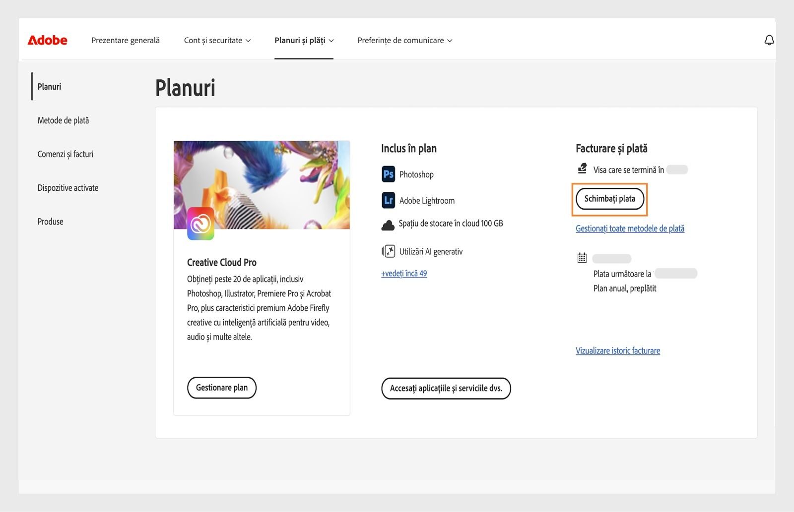 Butonul Modificare plată din Facturare și plată din secțiunea Planul dvs. oferă o opțiune de adăugare sau de editare a detaliilor de plată.