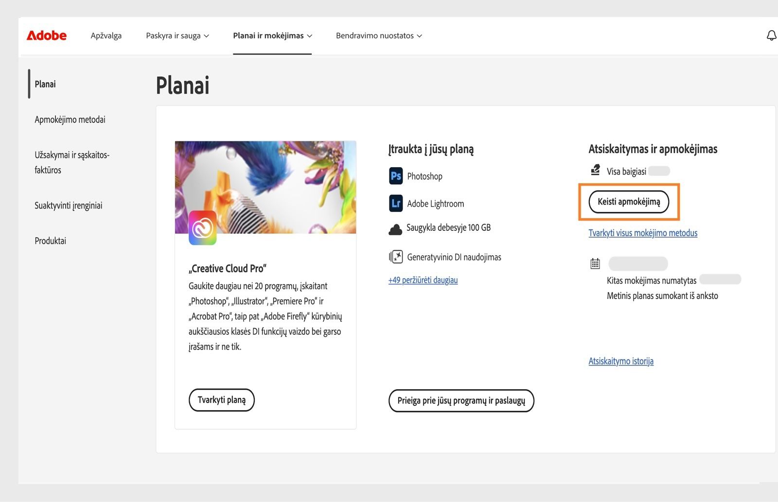 Jūsų plano skiltyje „Atsiskaitymas ir apmokėjimas“ pateikiamas mygtukas „Keisti mokėjimo informaciją“ teikia parinktį pridėti arba redaguoti apmokėjimo informaciją.