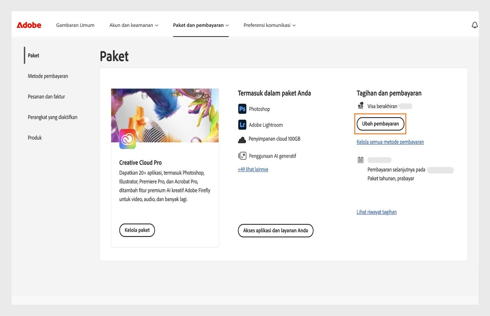 Tombol Ubah pembayaran di bawah Penagihan dan pembayaran di bagian Paket Anda menyediakan opsi untuk menambahkan atau mengedit detail pembayaran.