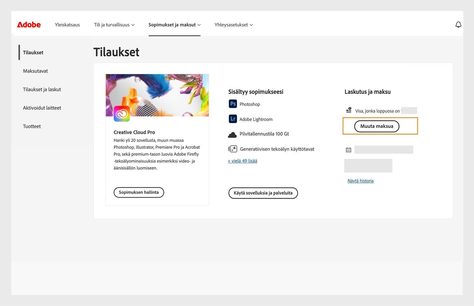 Oma sopimus -osan Laskutus ja maksutiedot -kohdan Muuta maksua -painikkeella voi lisätä tai muokata maksutietoja.