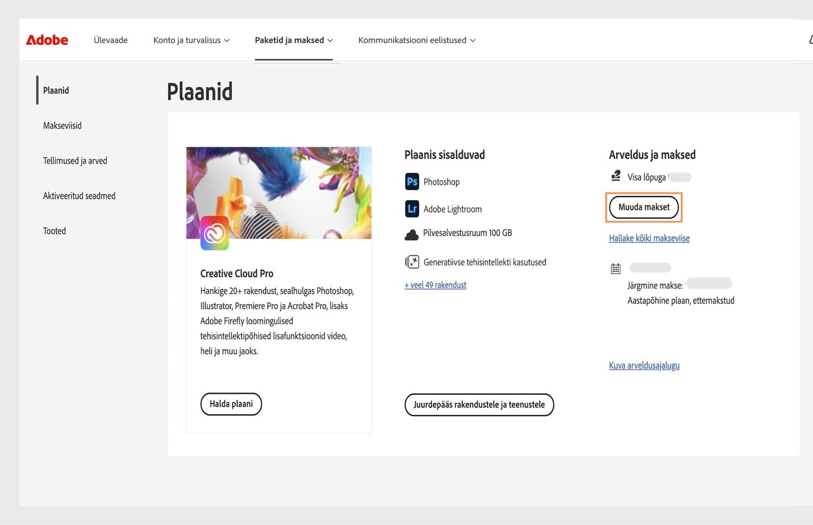 Teie plaani alamjaotises „Arveldus ja makse“ asub nupp „Muuda makset“, mis võimaldab lisada või muuta makseandmeid.