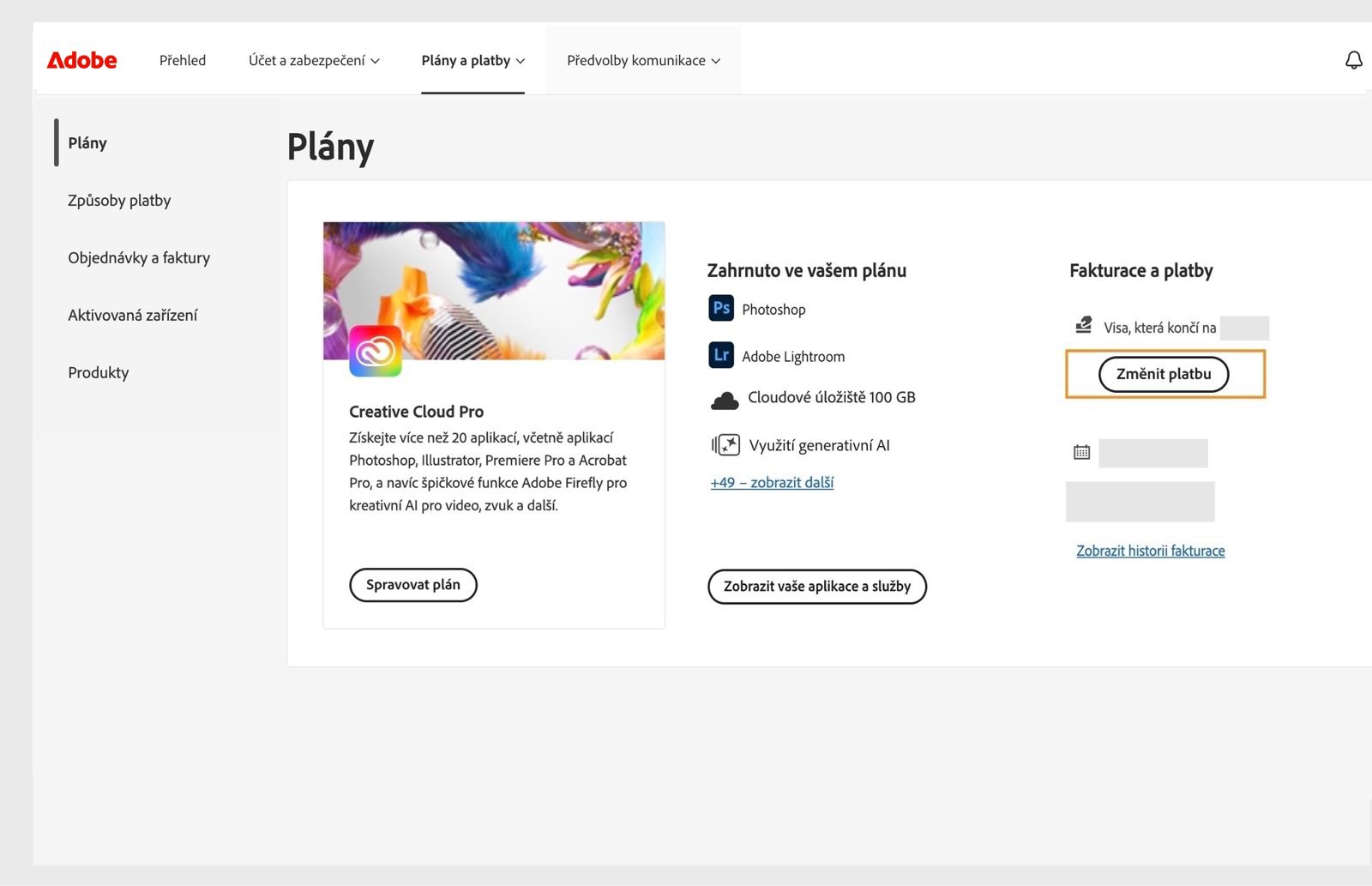 Tlačítko Změnit platbu v části Fakturace a platba v sekci Váš plán poskytuje možnost přidat nebo upravit platební údaje.