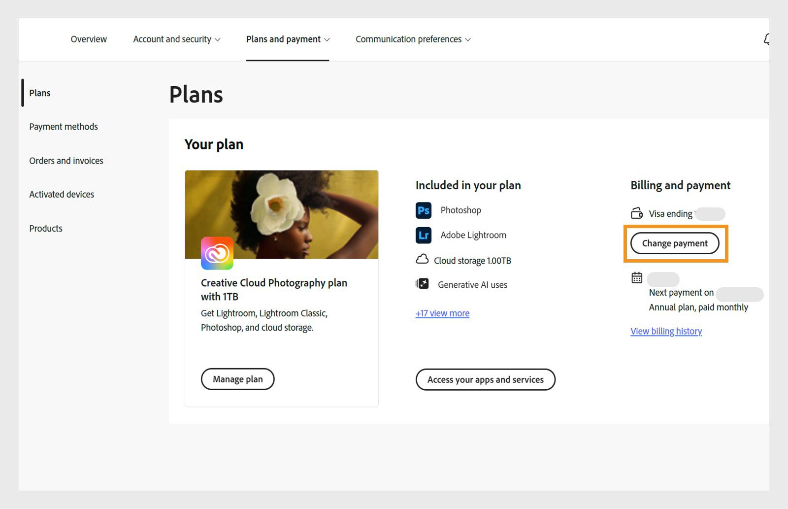 The Change payment button under Billing and payment in the Your plan section provides an option to add or edit payment details.