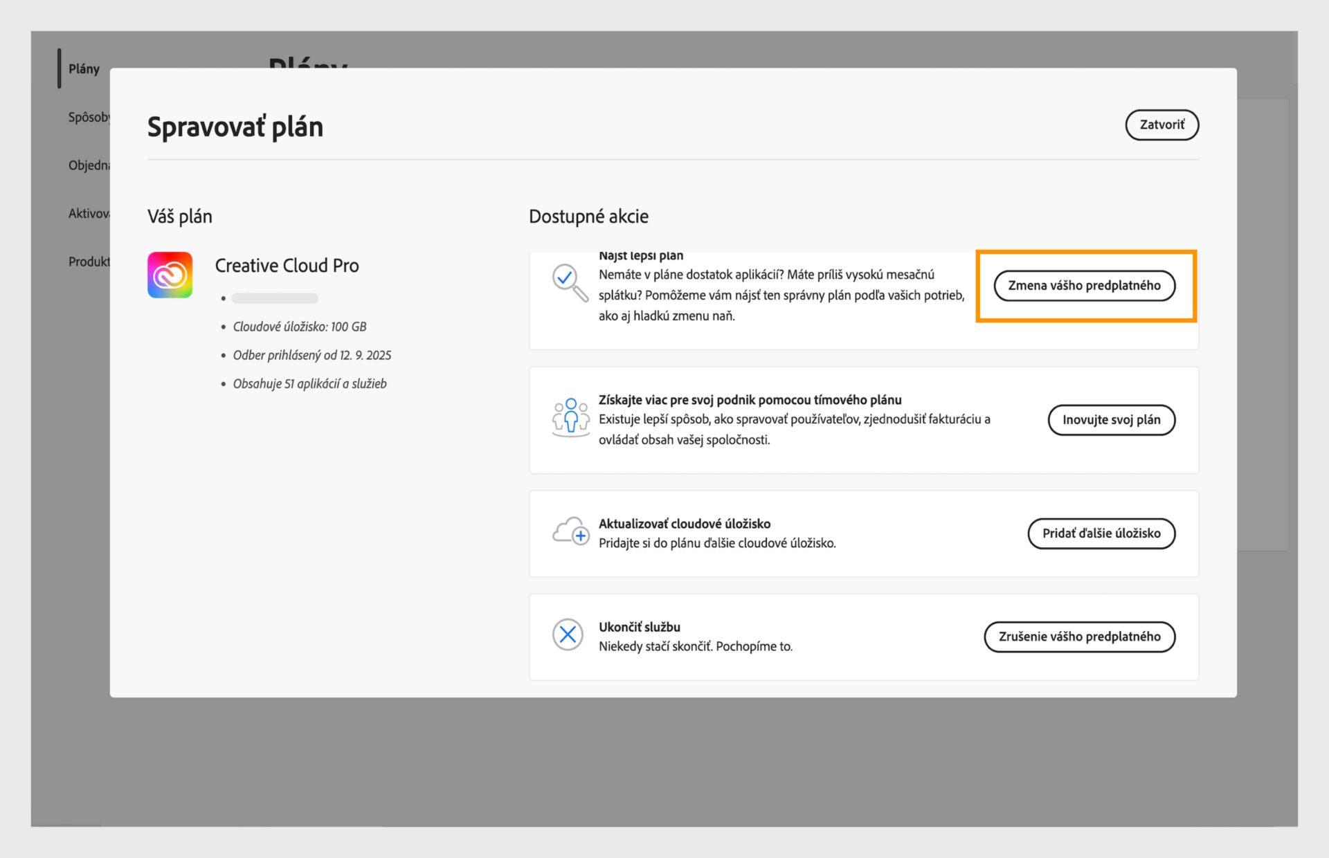 Okno Spravovať plán zobrazujúce dostupné akcie, kde je zvýraznené tlačidlo Zmeniť plán.
