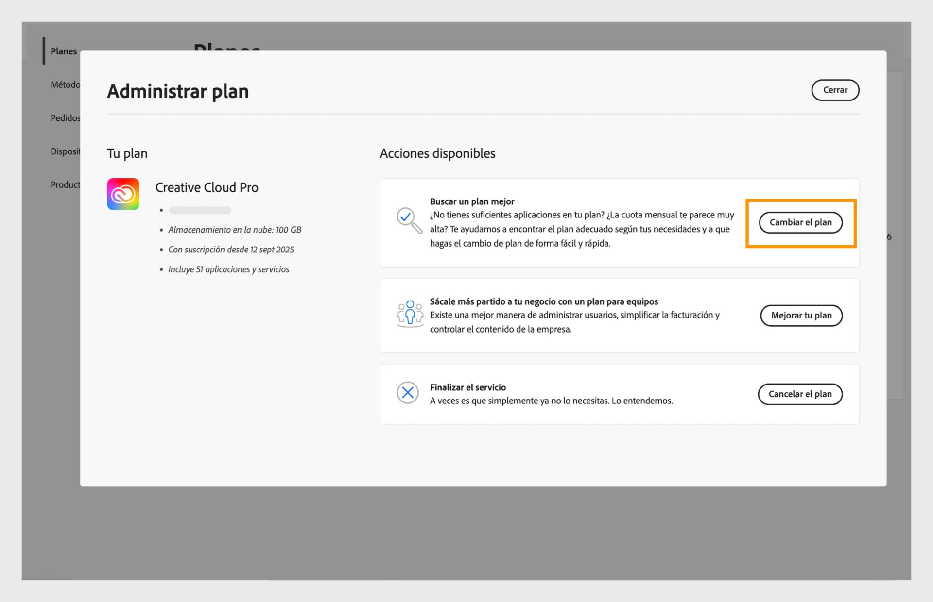 La ventana Administrar plan que muestra las acciones disponibles, donde se resalta el botón Cambiar su plan.