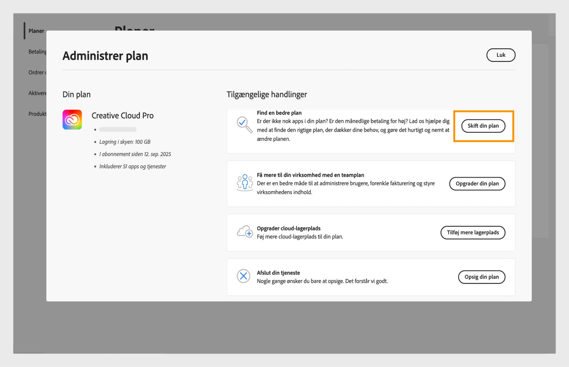 Vinduet Administrer plan, der viser de tilgængelige handlinger, hvor knappen Skift din plan er fremhævet.