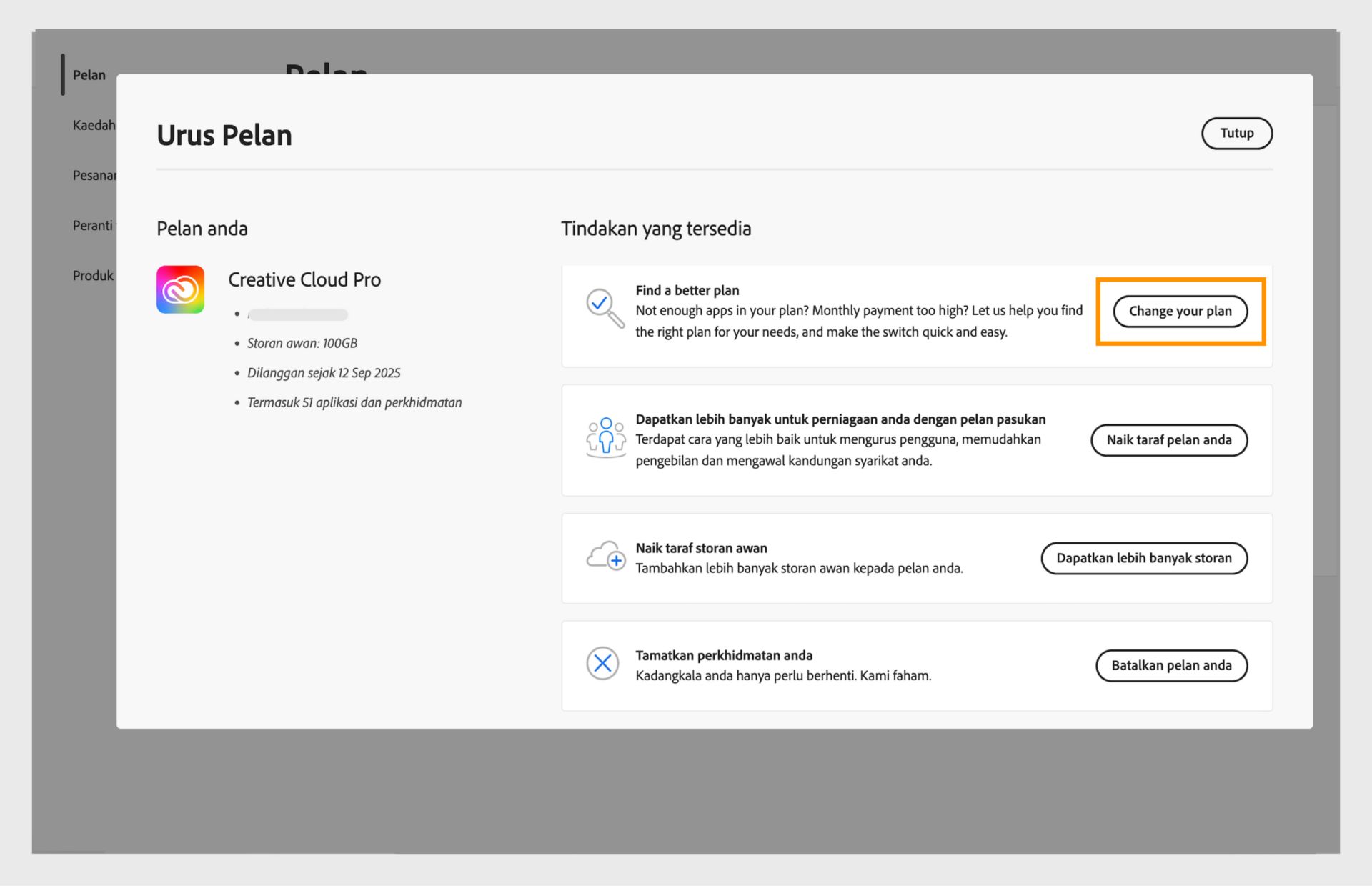 Tetingkap Urus Pelan memaparkan tindakan yang tersedia, dengan butang Tukar pelan anda diserlahkan.