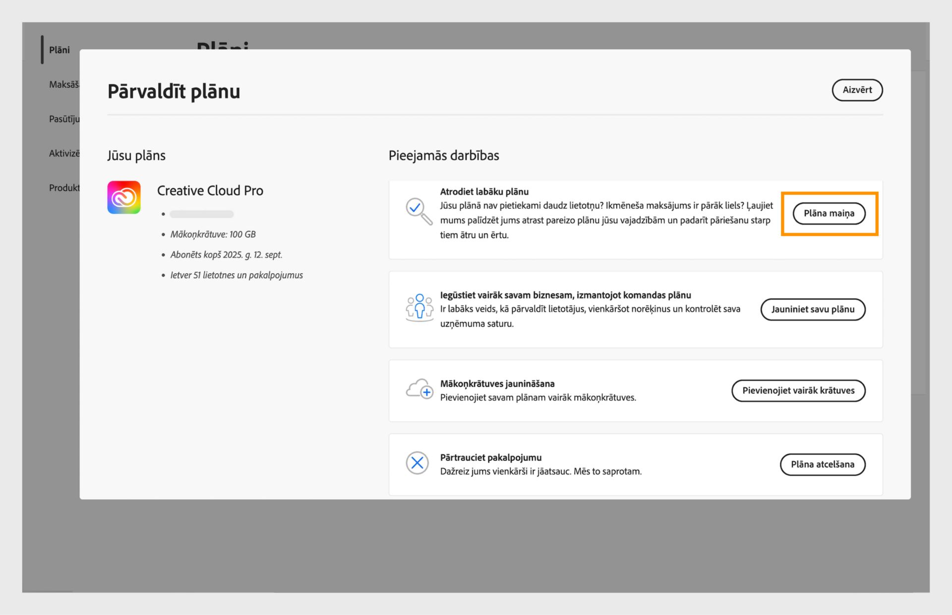 Plāna pārvaldības logs, kurā redzamas pieejamās darbības un ir izcelta poga Mainīt plānu.