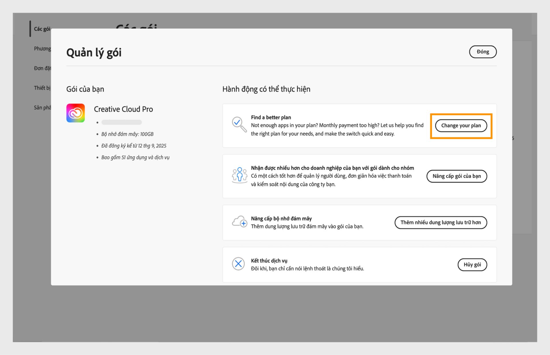 Cửa sổ Quản lý Gói hiển thị các hành động có sẵn, trong đó nút Thay đổi gói của bạn được làm nổi bật.
