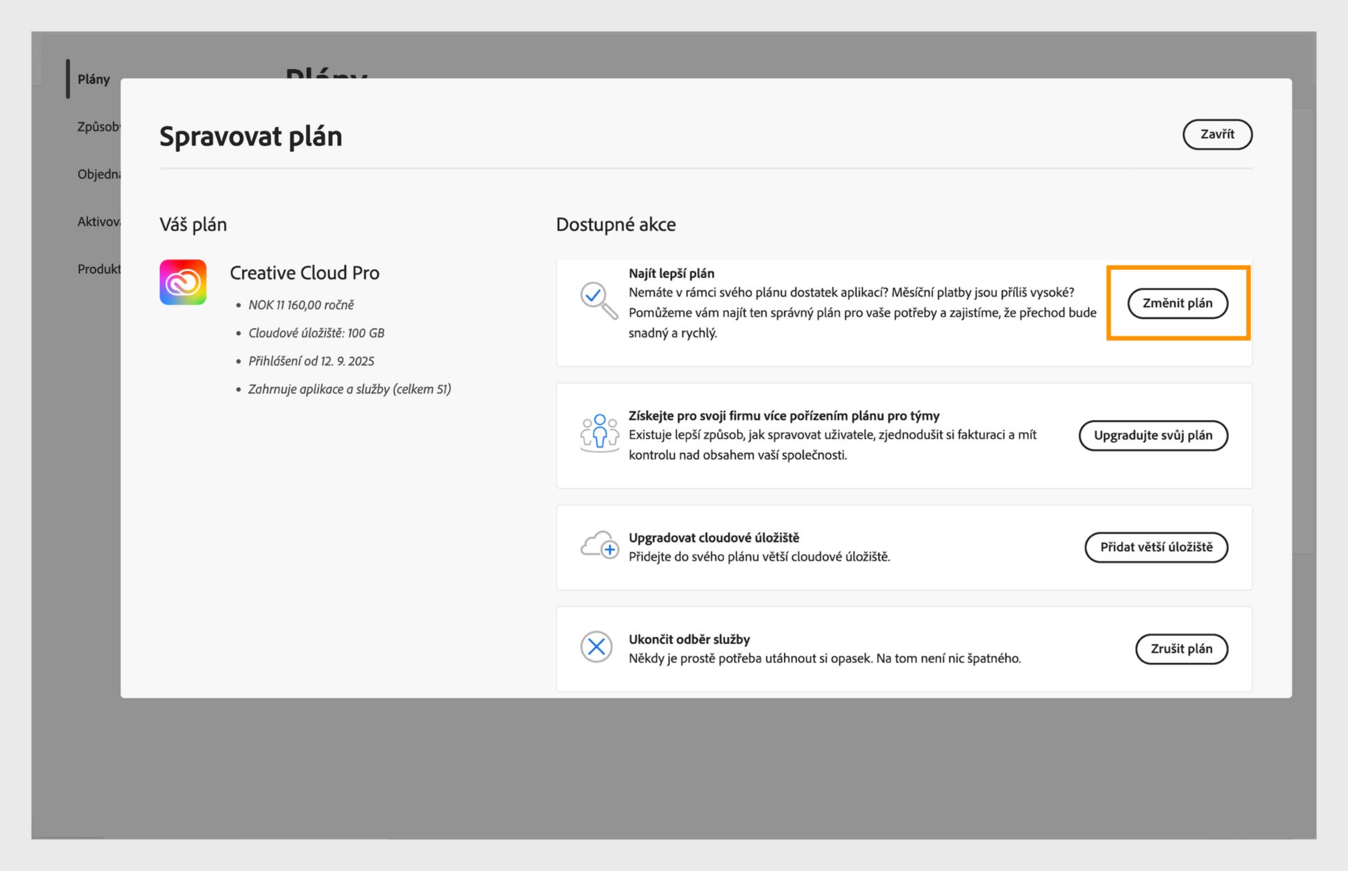 Okno Správa plánu zobrazující dostupné akce, kde je zvýrazněno tlačítko Změnit plán.