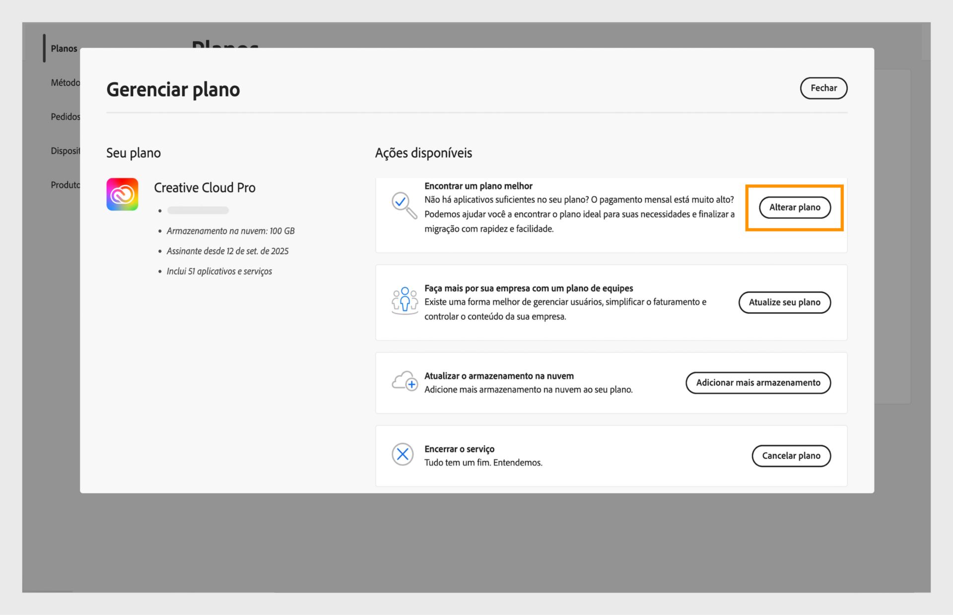 A janela Gerenciar plano exibindo as ações disponíveis, onde o botão Alterar seu plano está destacado.