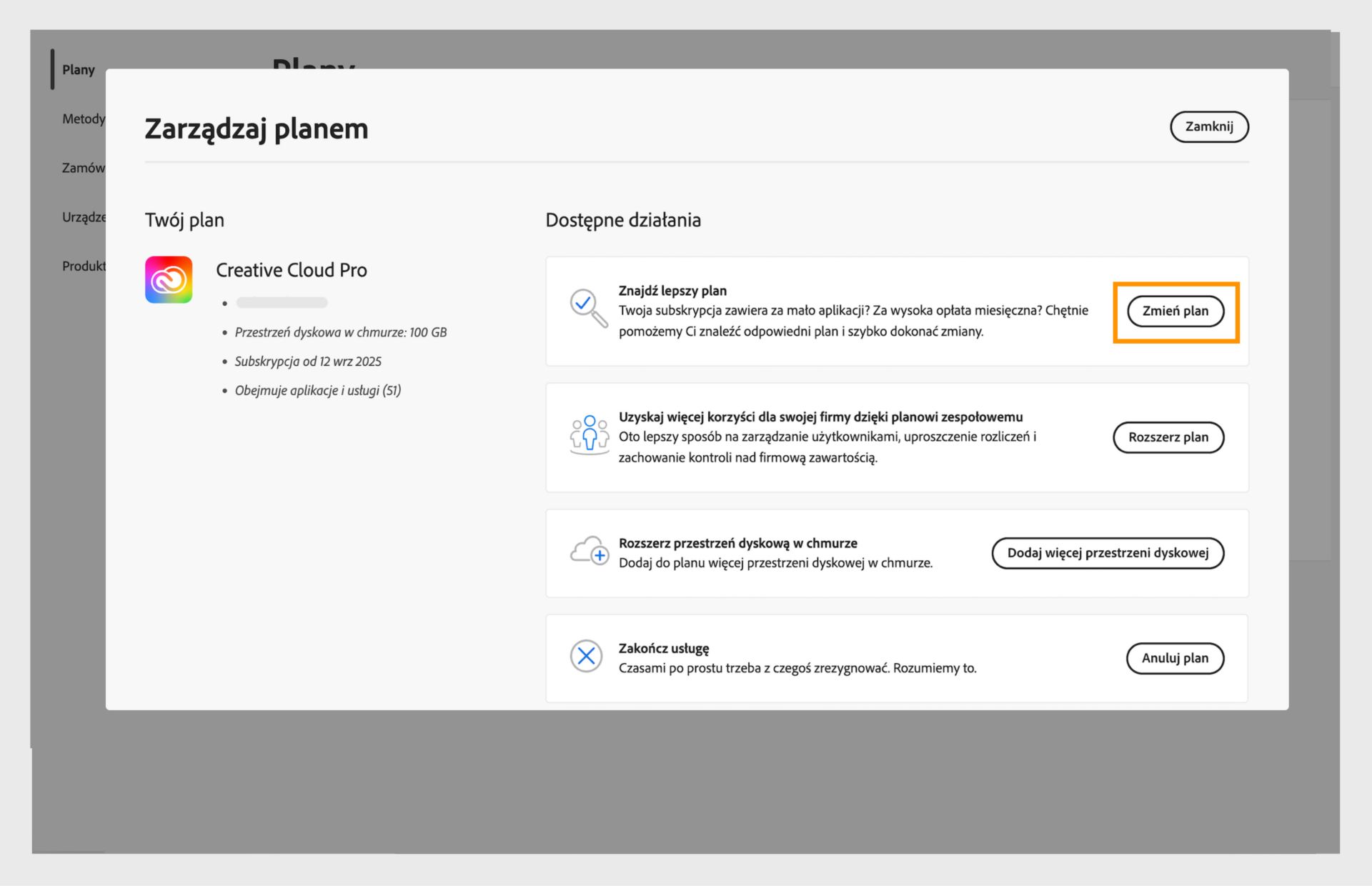Okno Zarządzaj planem z dostępnymi akcjami, gdzie wyróżniony jest przycisk Zmień plan.