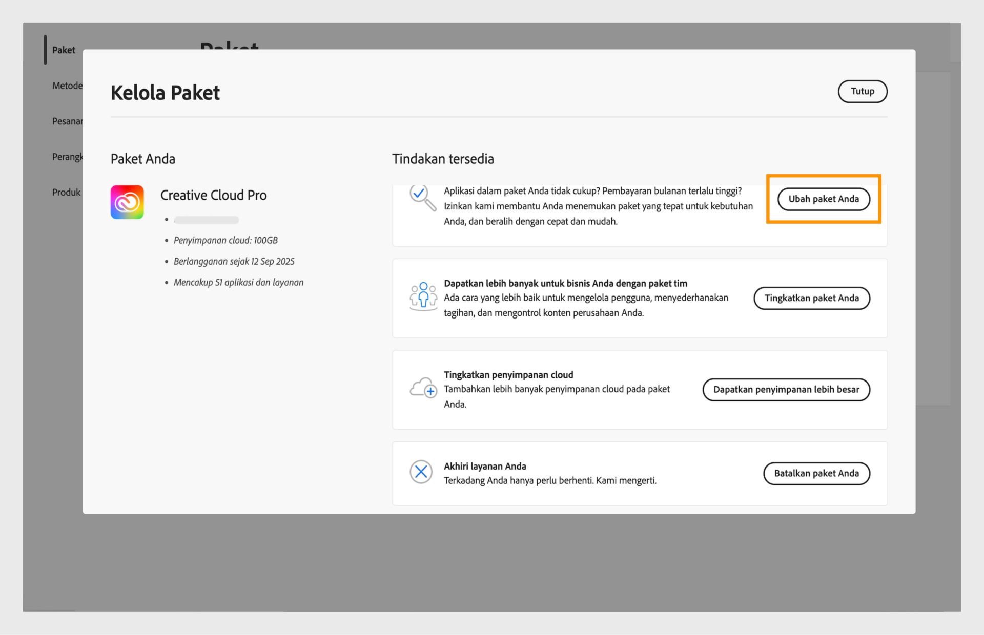 Jendela Kelola Paket menampilkan tindakan yang tersedia, dengan tombol Ubah paket Anda yang disorot.