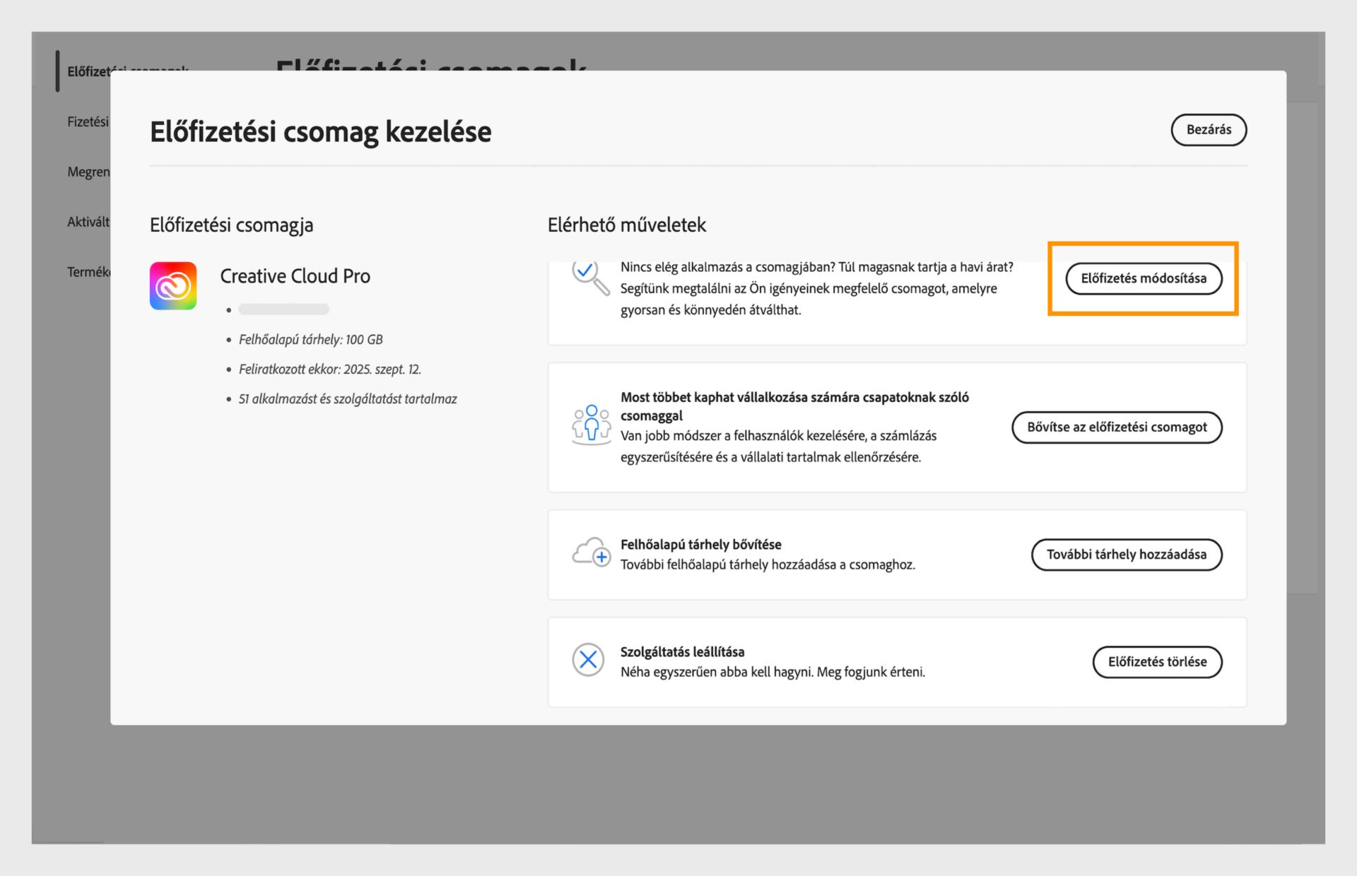 A Csomag kezelése ablak, amely megjeleníti az elérhető műveleteket, ahol a Csomag módosítása gomb ki van emelve.
